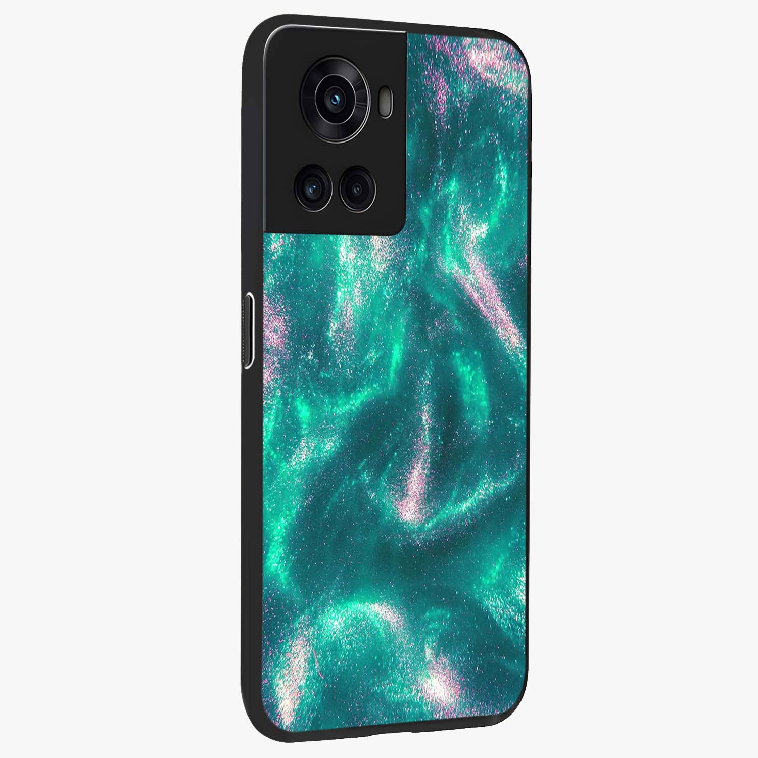 Shimmering Nebula Waves Glass Case for 1+10R side perspective highlighting luminous textures and smooth build