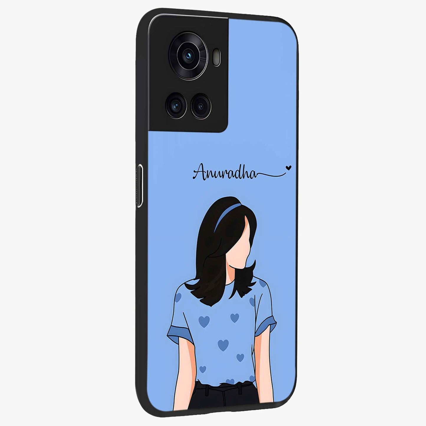 Soft Hearts Girl Glass Case for 1+10R side perspective highlighting delicate illustration textures and smooth build