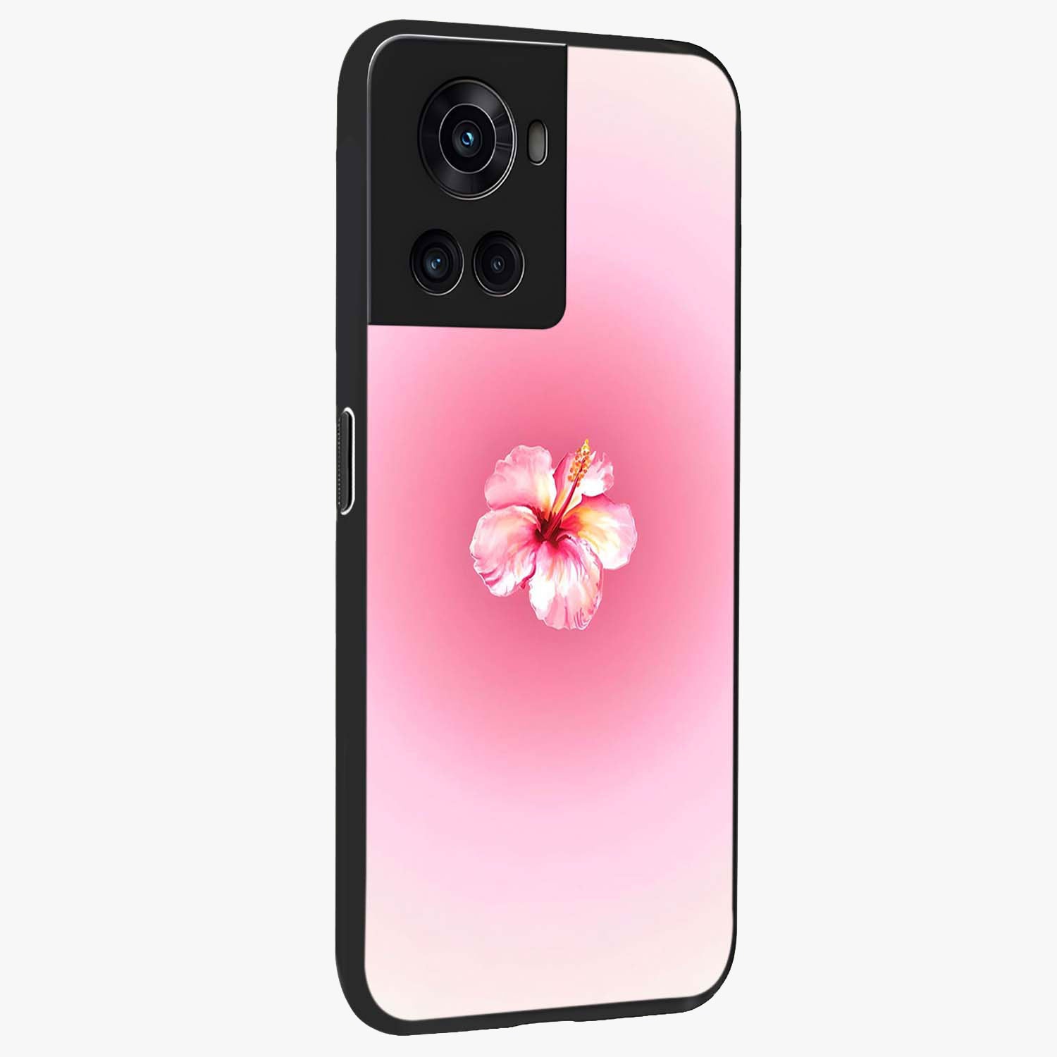 Soft Petal Serenity Glass Case for 1+10R side perspective highlighting refined petal textures and premium edges