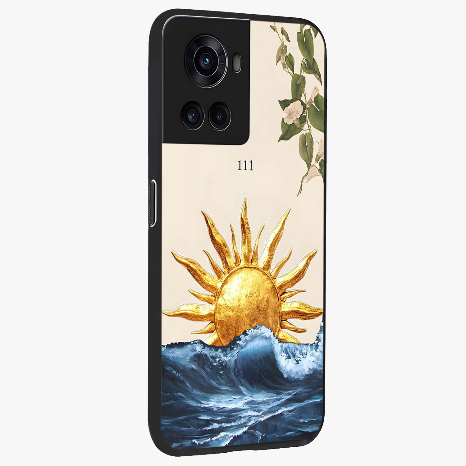 Solar Wave Bloom Glass Case for 1+10R side perspective highlighting radiant textures and premium edges