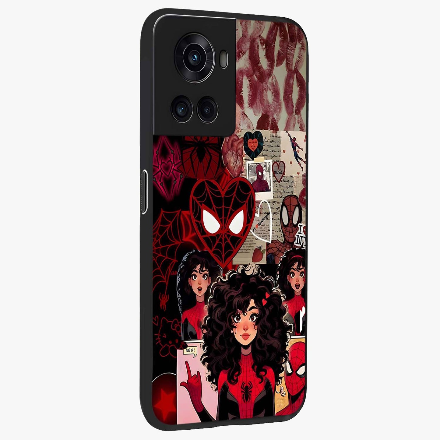 Spider Love Story Glass Case for 1+10R side perspective highlighting dynamic character textures and premium edges