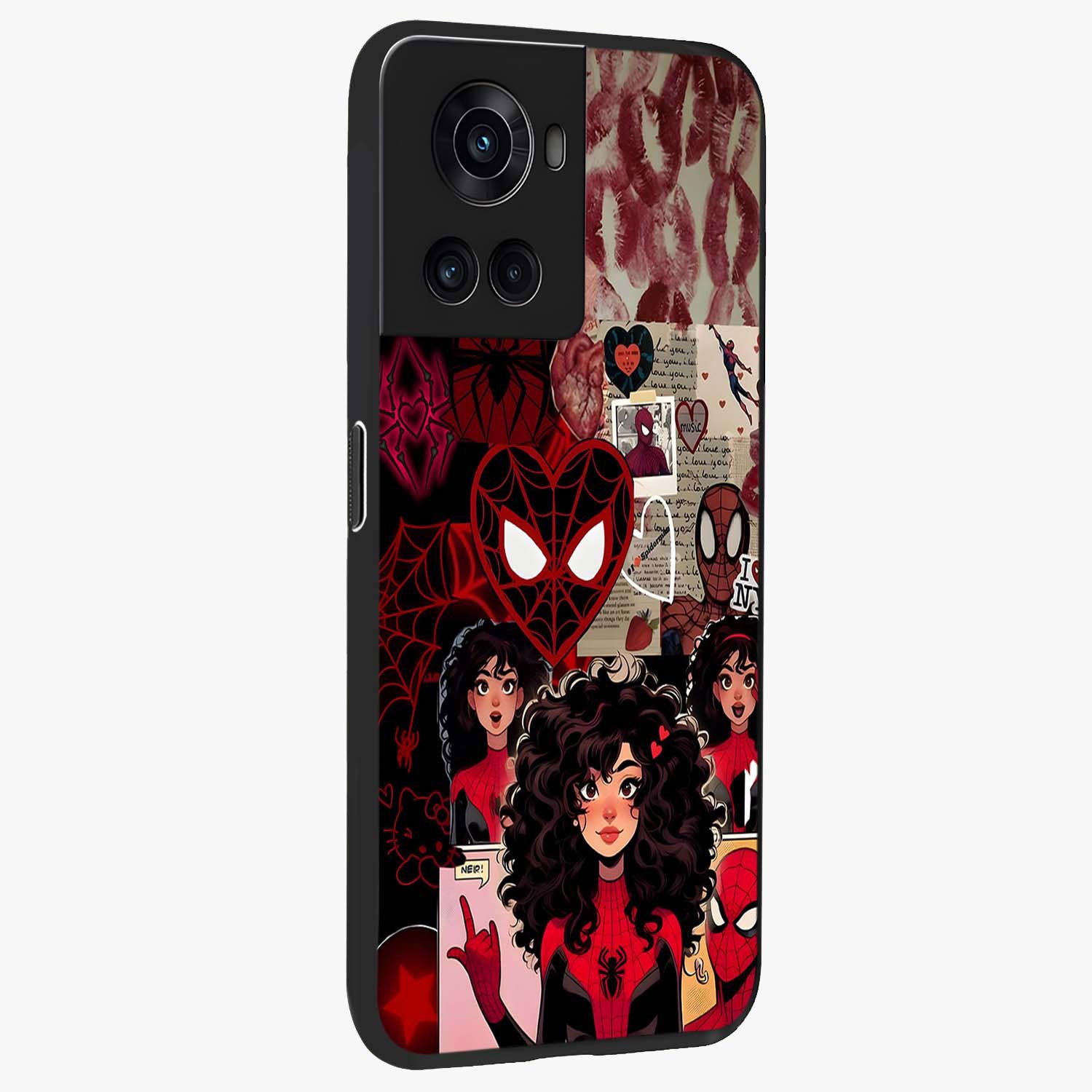Spider Love Story Glass Case for 1+10R side perspective highlighting dynamic character textures and premium edges