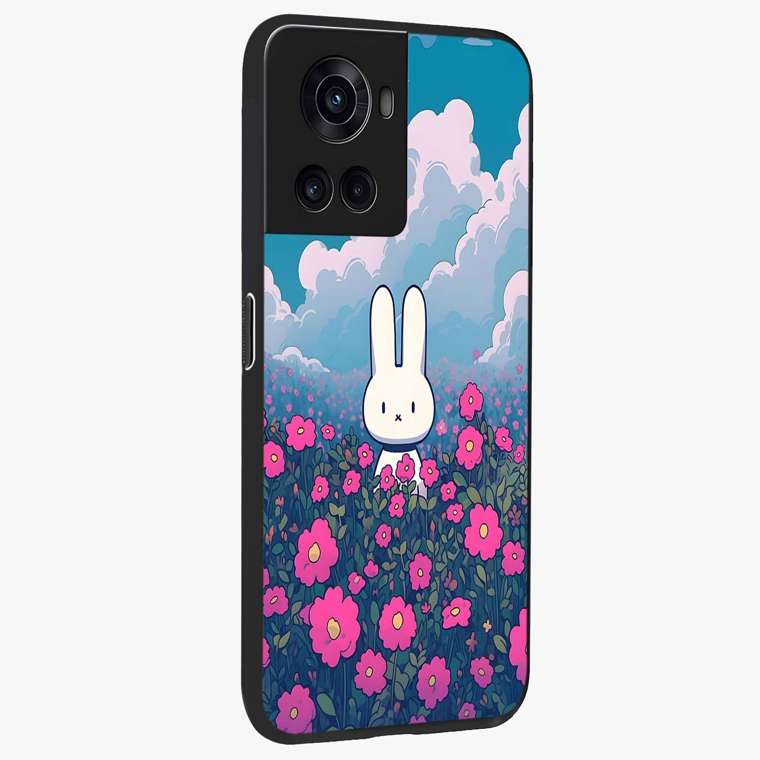 Springtime Blossom Bunny Glass Case for 1+10R side perspective highlighting charming illustration textures and premium edges