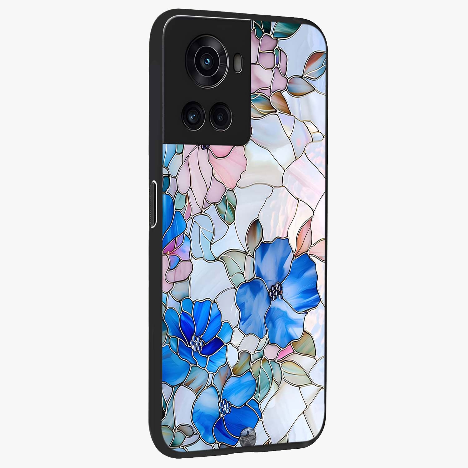 Stained Blue Floral Glass Case for 1+10R side perspective highlighting intricate bloom textures and premium edges