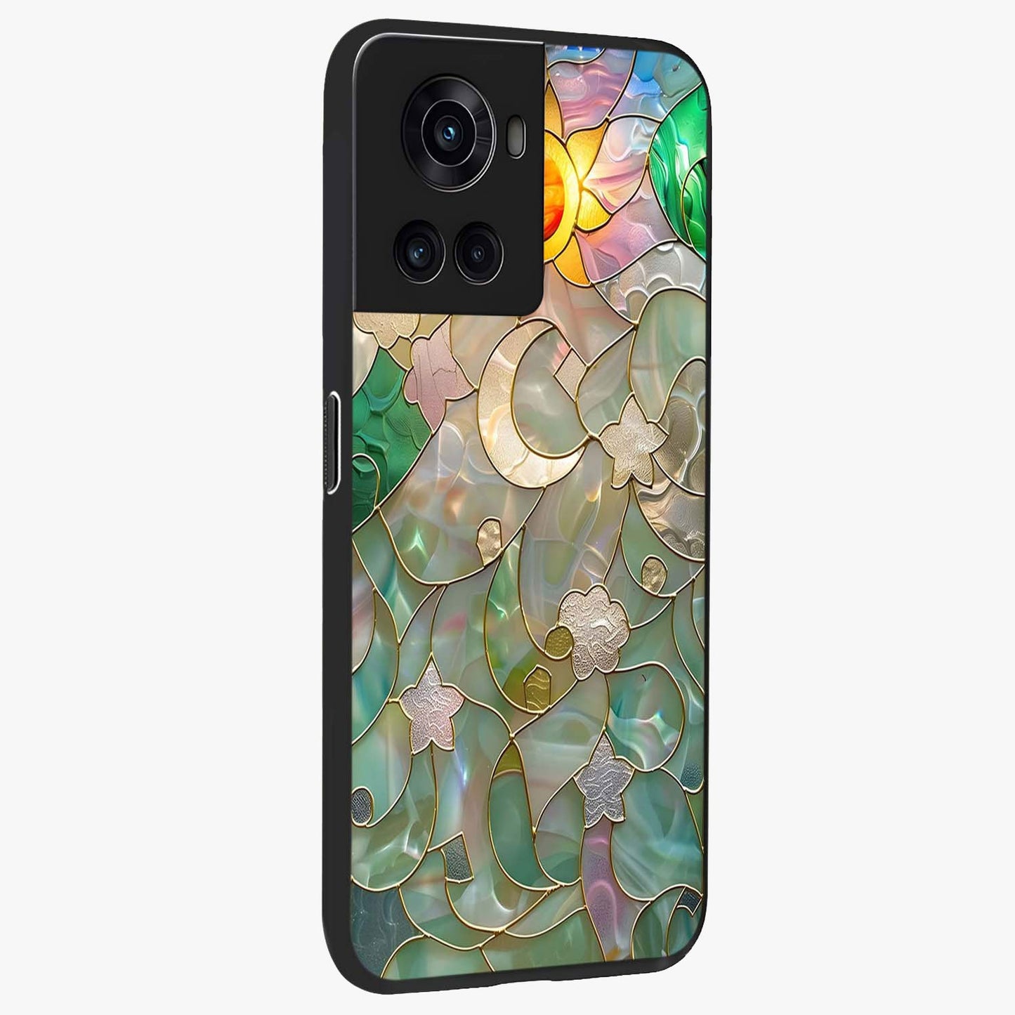 Stained Sunrise Glow Glass Case for 1+10R side perspective highlighting luminous textures and sleek premium build