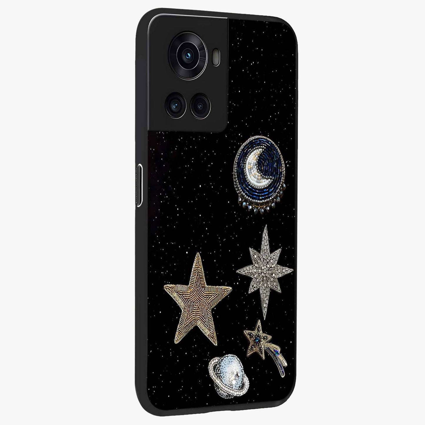 Starlit Cosmic Dreams Glass Case for 1+10R side perspective highlighting luminous textures and premium edges