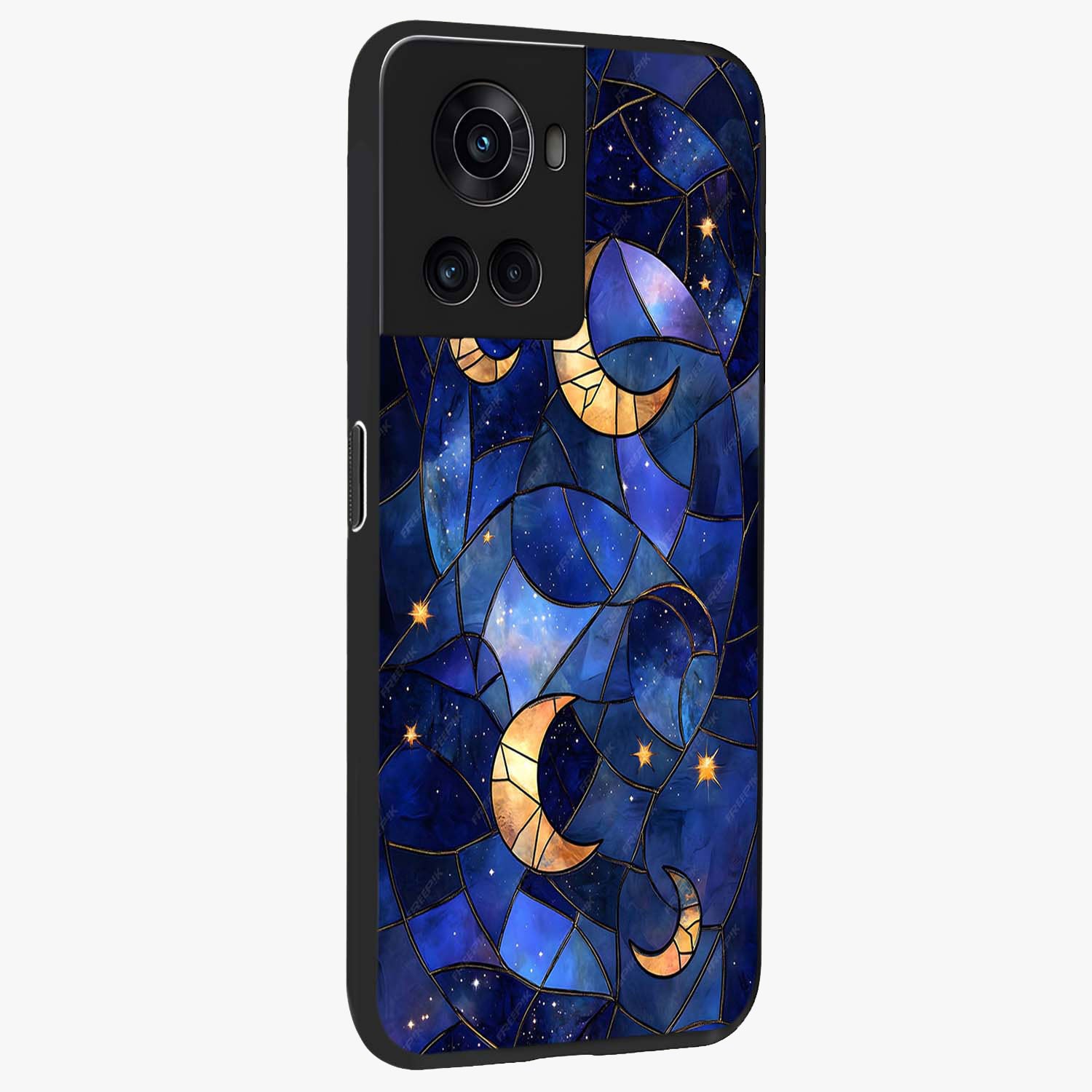 Starlit Sky Tapestry Glass Case for 1+10R side perspective highlighting intricate celestial textures and premium edges