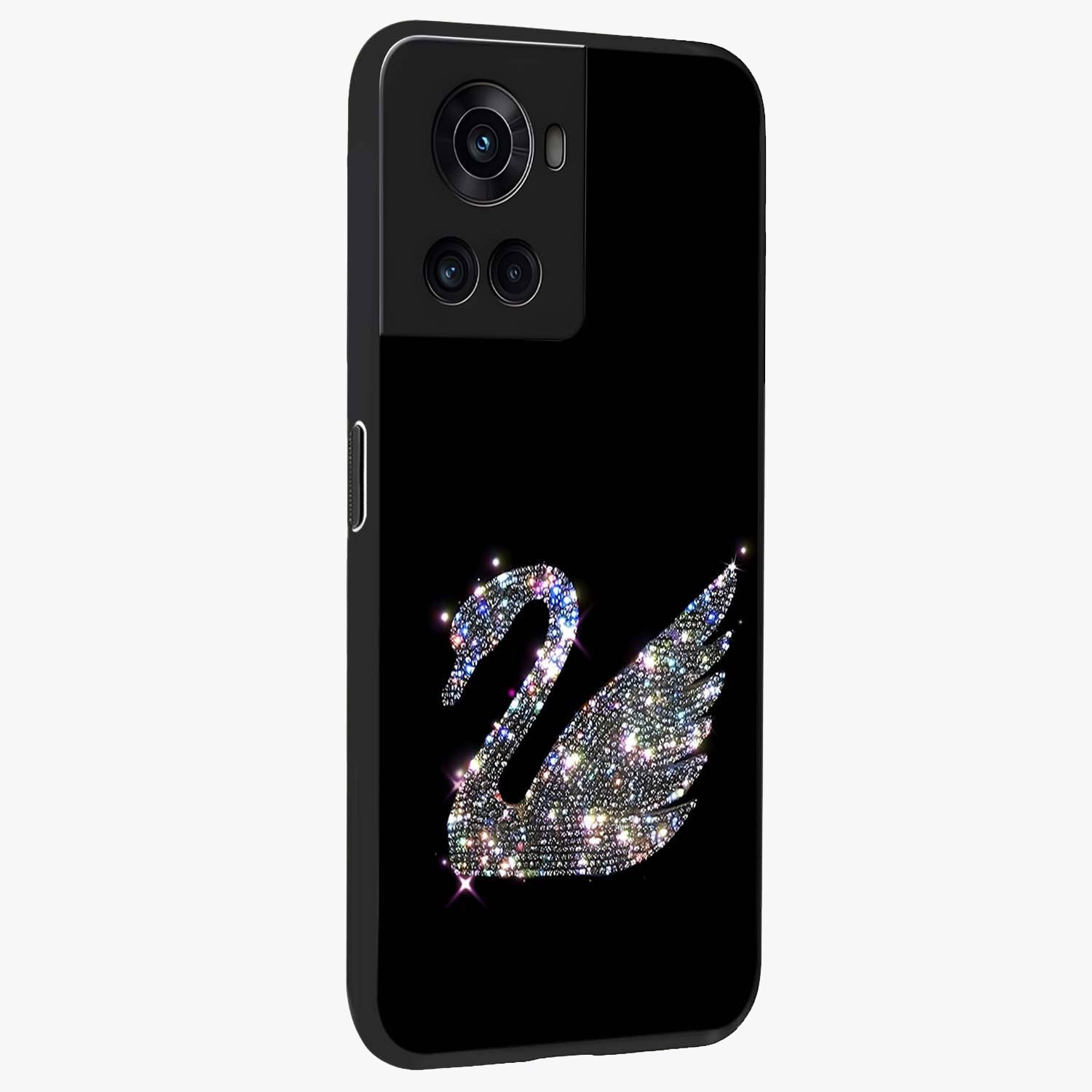 Starlit Swan Grace Glass Case for 1+10R side perspective highlighting elegant feather textures and smooth build