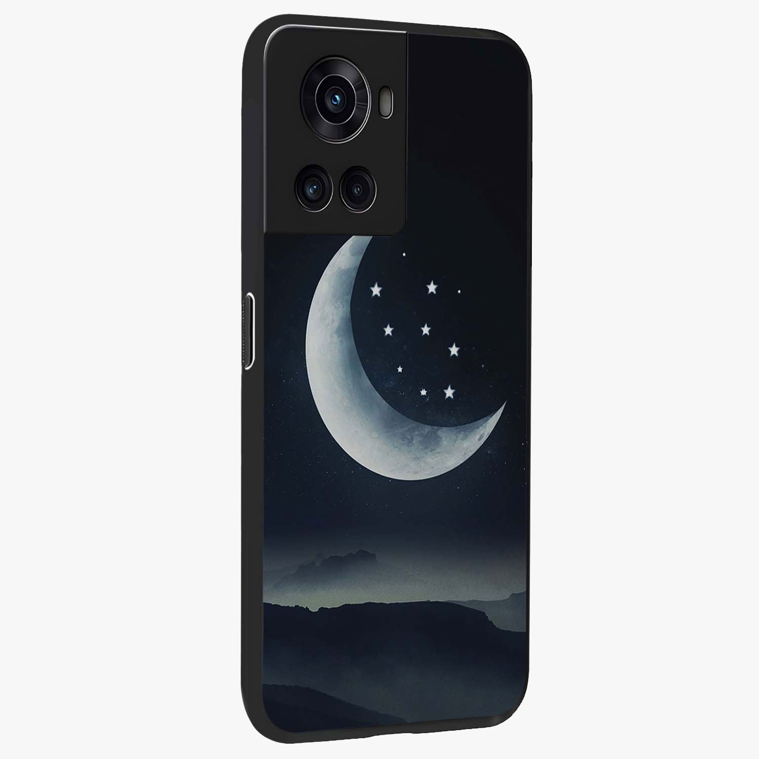 Starry Moon Pattern Glass Case for 1+10R side perspective highlighting celestial textures and premium edges