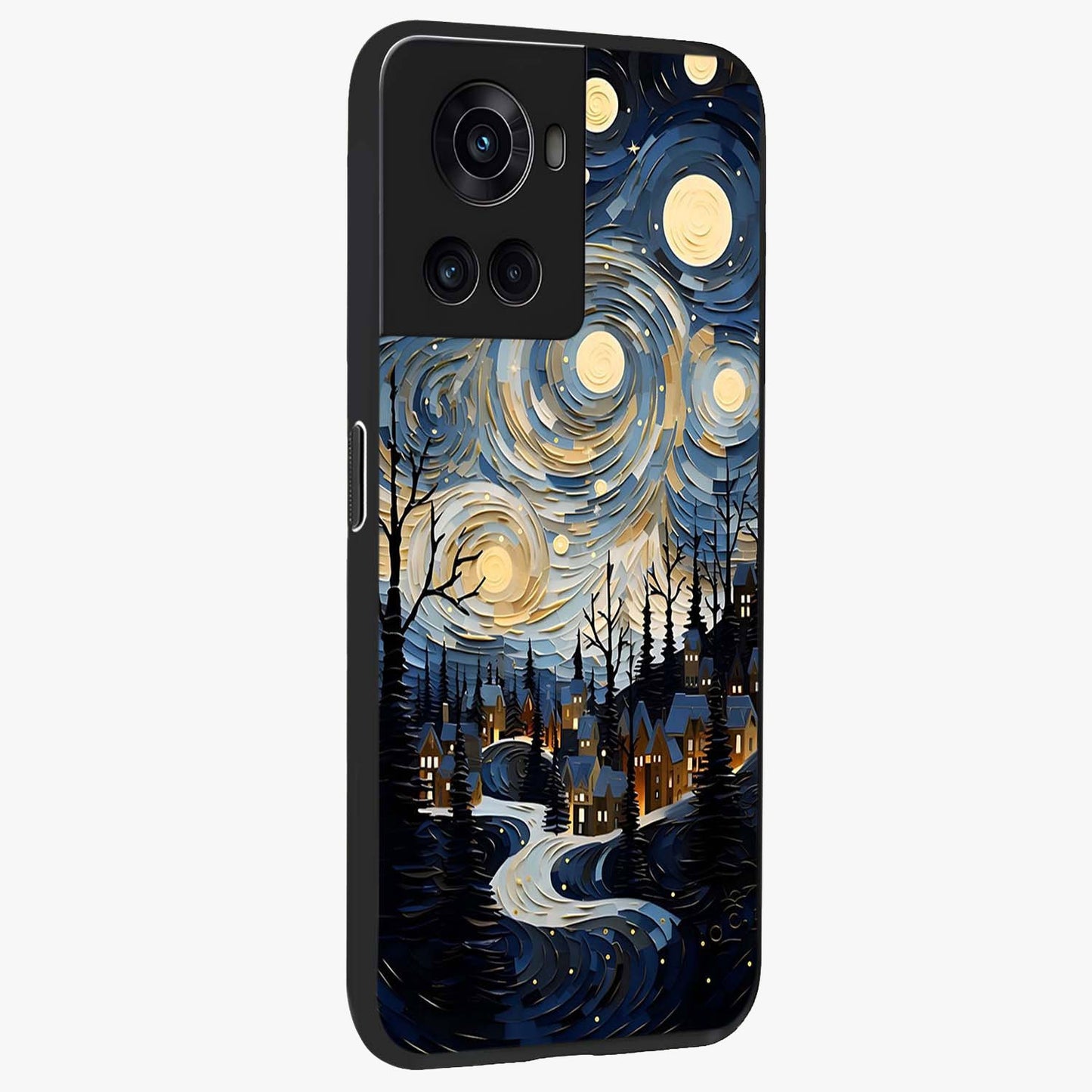 Starry Winter Town Glass Case for 1+10R side perspective highlighting serene landscape textures and premium edges