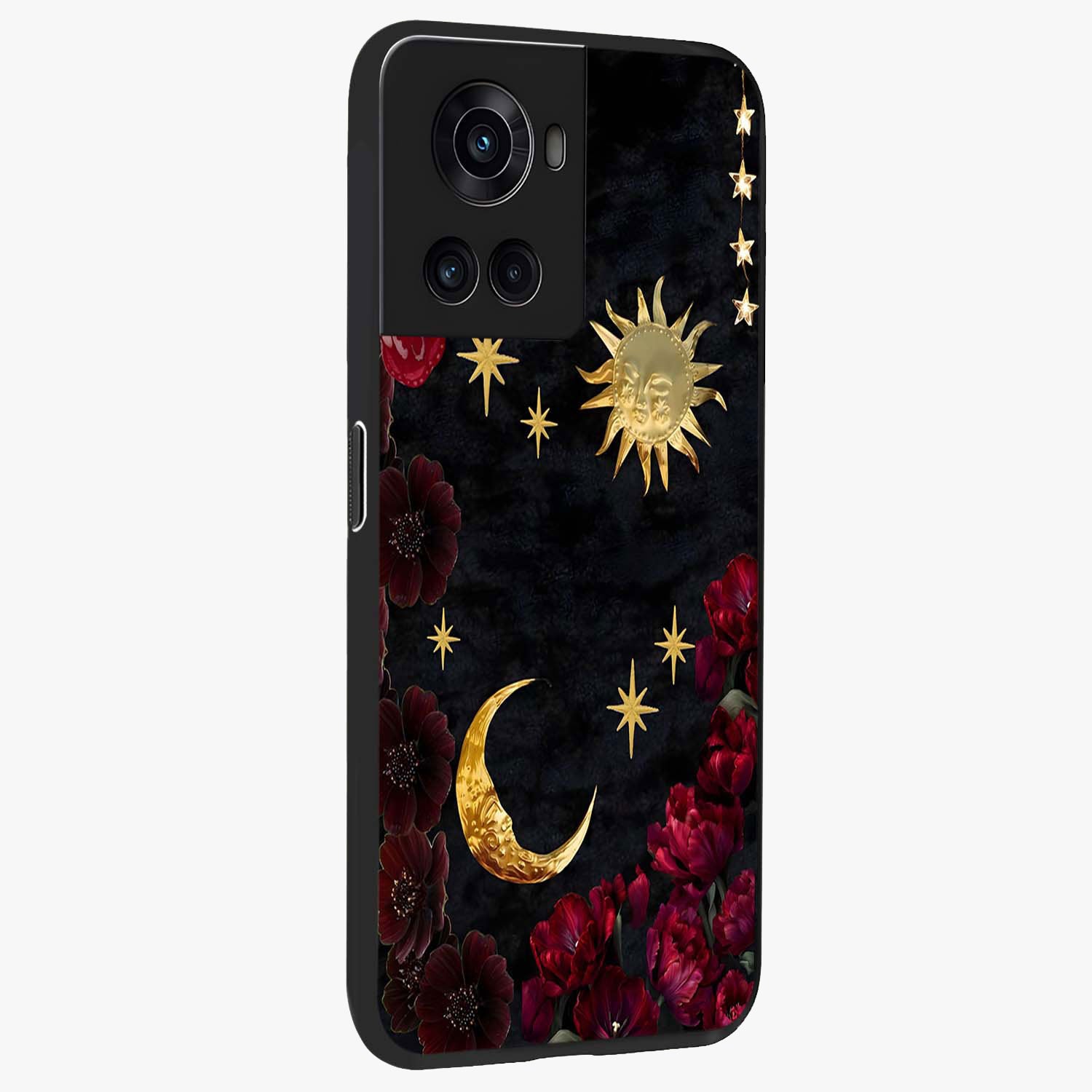 Sunflower Custom Name Glass Case for 1+10R side perspective highlighting custom typography and vibrant bloom textures