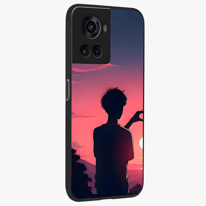 Sunset Silhouette Girl Glass Case for 1+10R side perspective highlighting soft scenic textures and sleek premium build