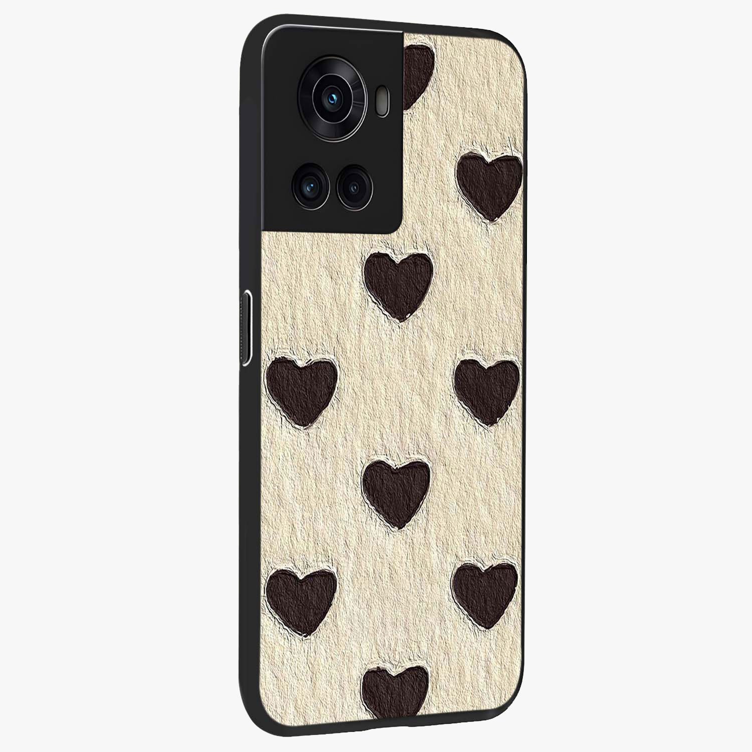 Textured Love Pattern Glass Case for 1+10R side perspective highlighting soft textures and smooth premium build