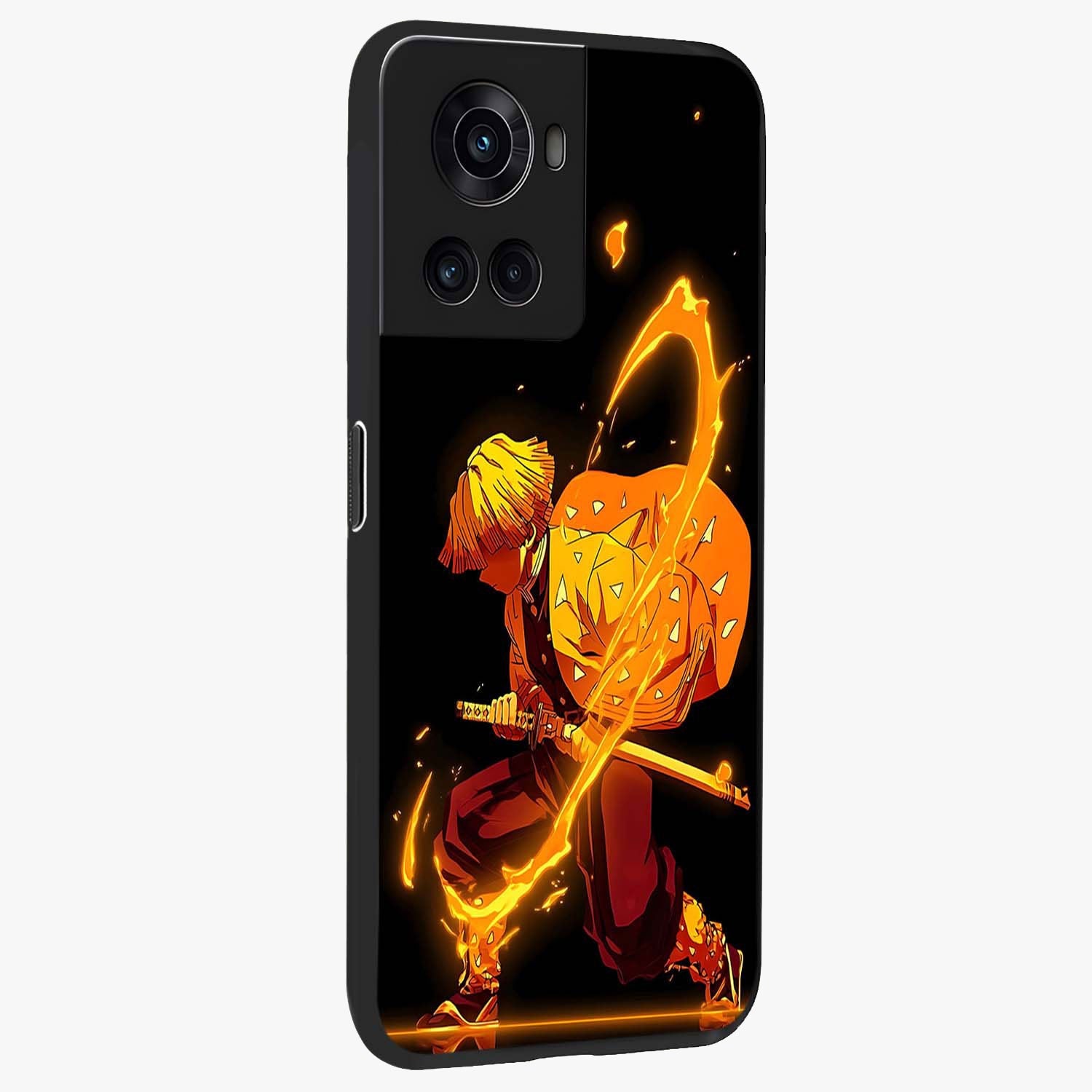 Thunder Flame Execution Glass Case for 1+10R side perspective highlighting fiery textures and premium edge finish