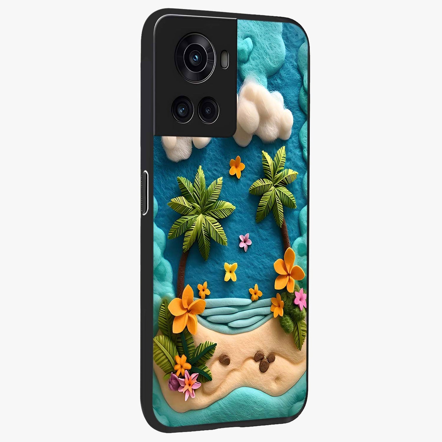 Tropical Felt Escape Glass Case for 1+10R side perspective highlighting lush textures and smooth build