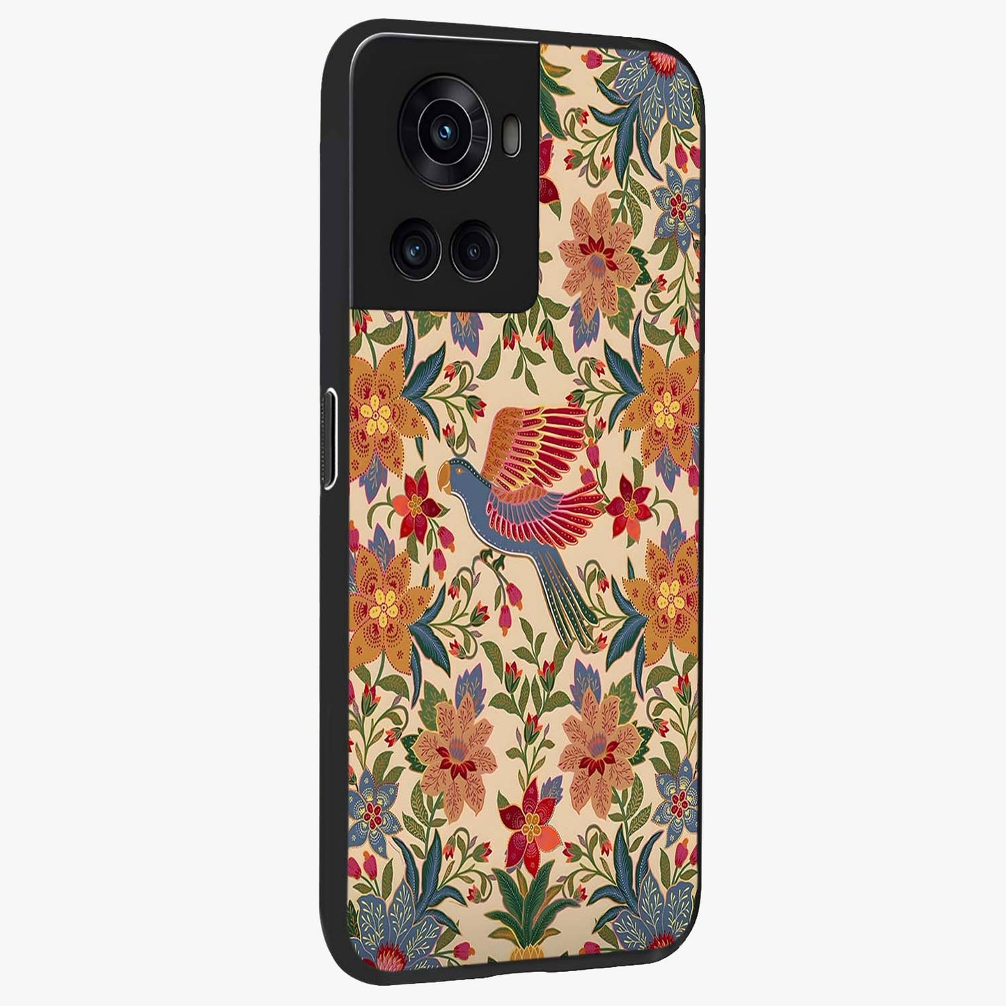 Tropical Folk Art Bird Glass Case for 1+10R side perspective highlighting detailed feather textures and premium edges