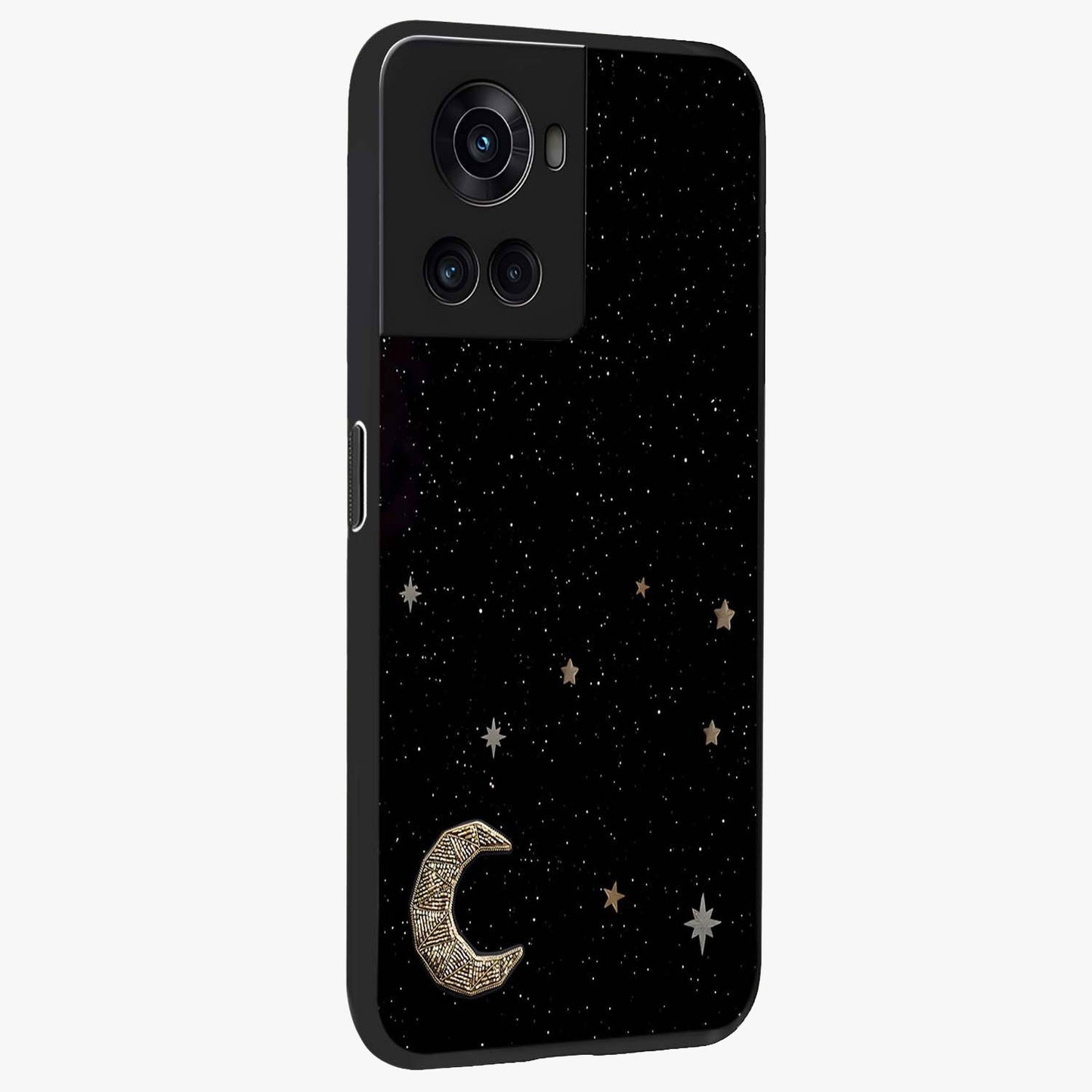 Twinkle Star With Half Moon Glass Case for 1+10R side perspective highlighting glowing star textures and smooth build