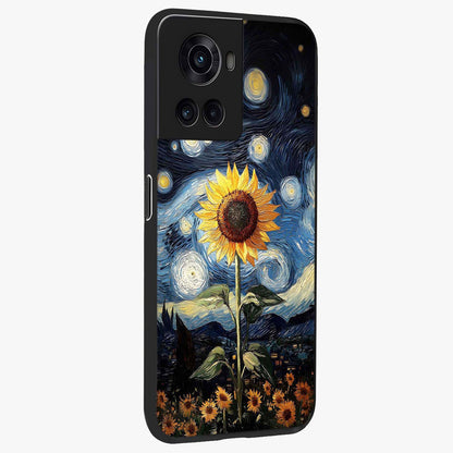 Van Gogh Sunflower Glass Case for 1+10R side perspective highlighting textured brushstroke details and premium edges