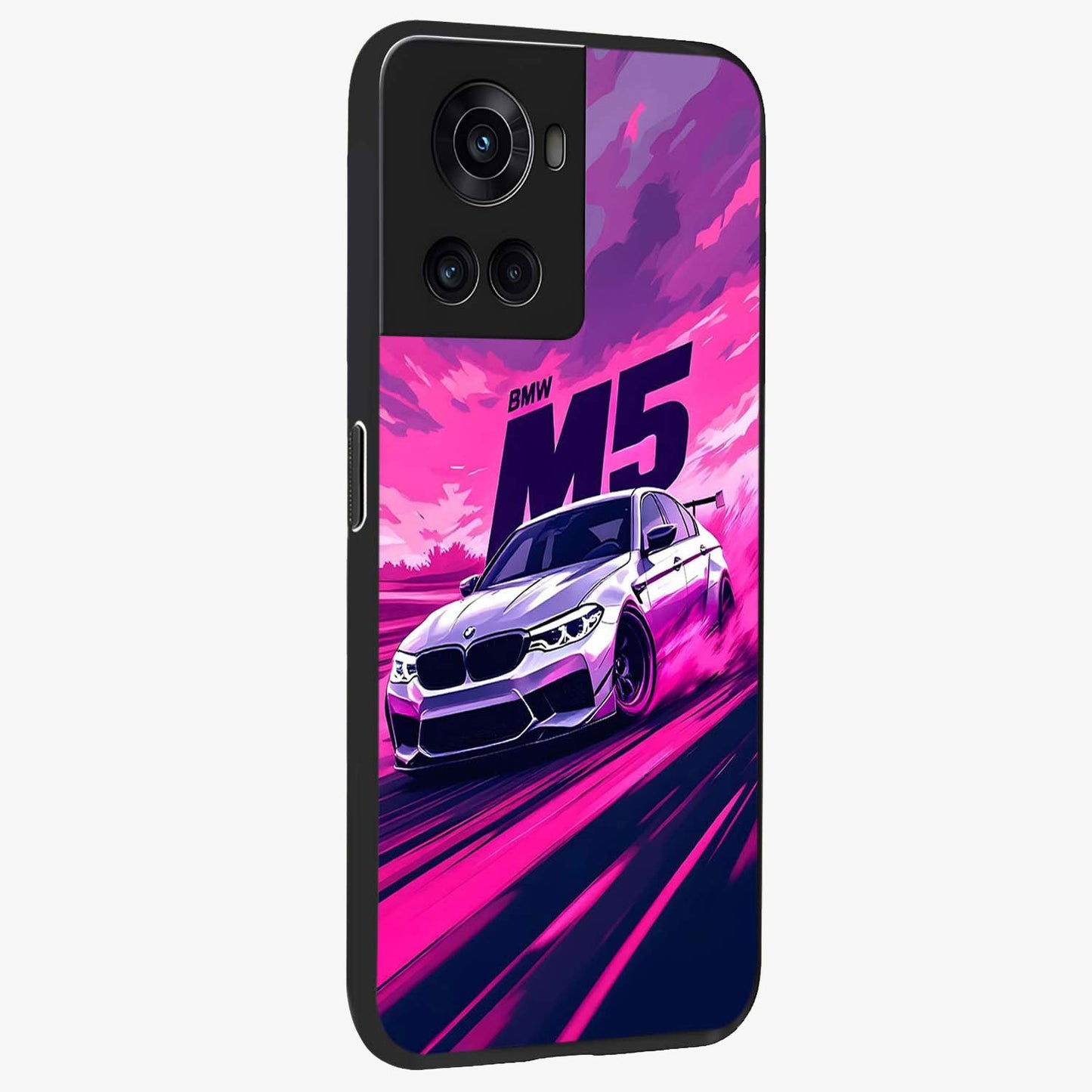Velocity Drift Pulse Glass Case for 1+10R side perspective highlighting sharp automotive textures and sleek build