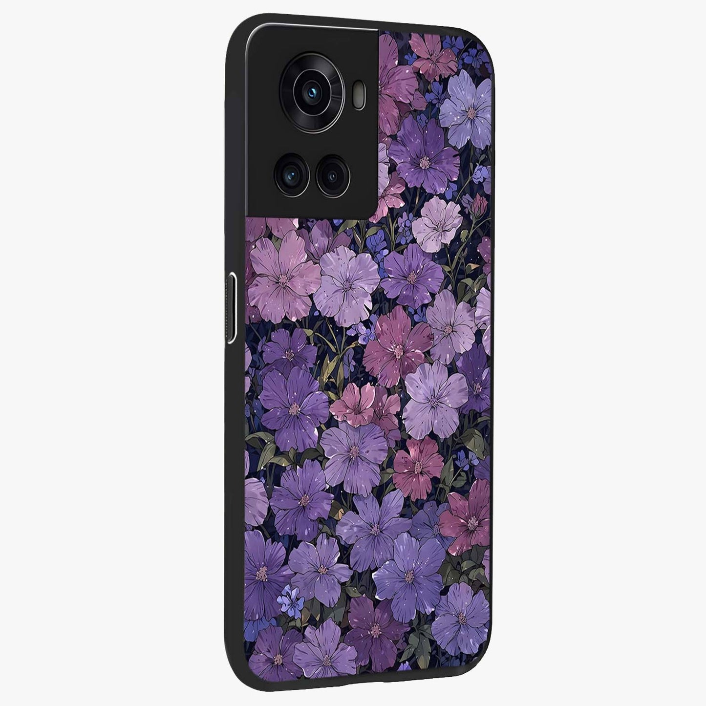 Velvet Bloom Tapestry Glass Case for 1+10R side perspective highlighting intricate bloom textures and premium edges