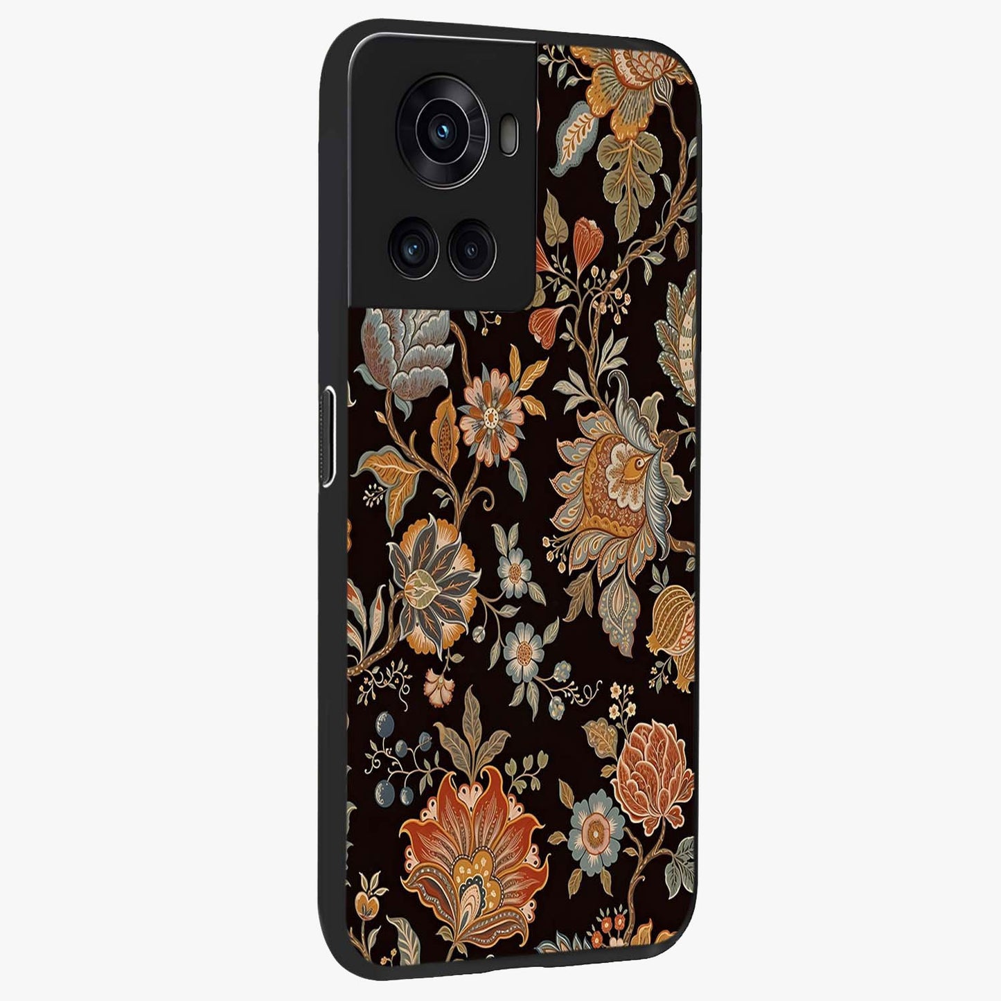 Vintage Floral Dream Glass Case for 1+10R side perspective highlighting delicate textures and sleek premium build