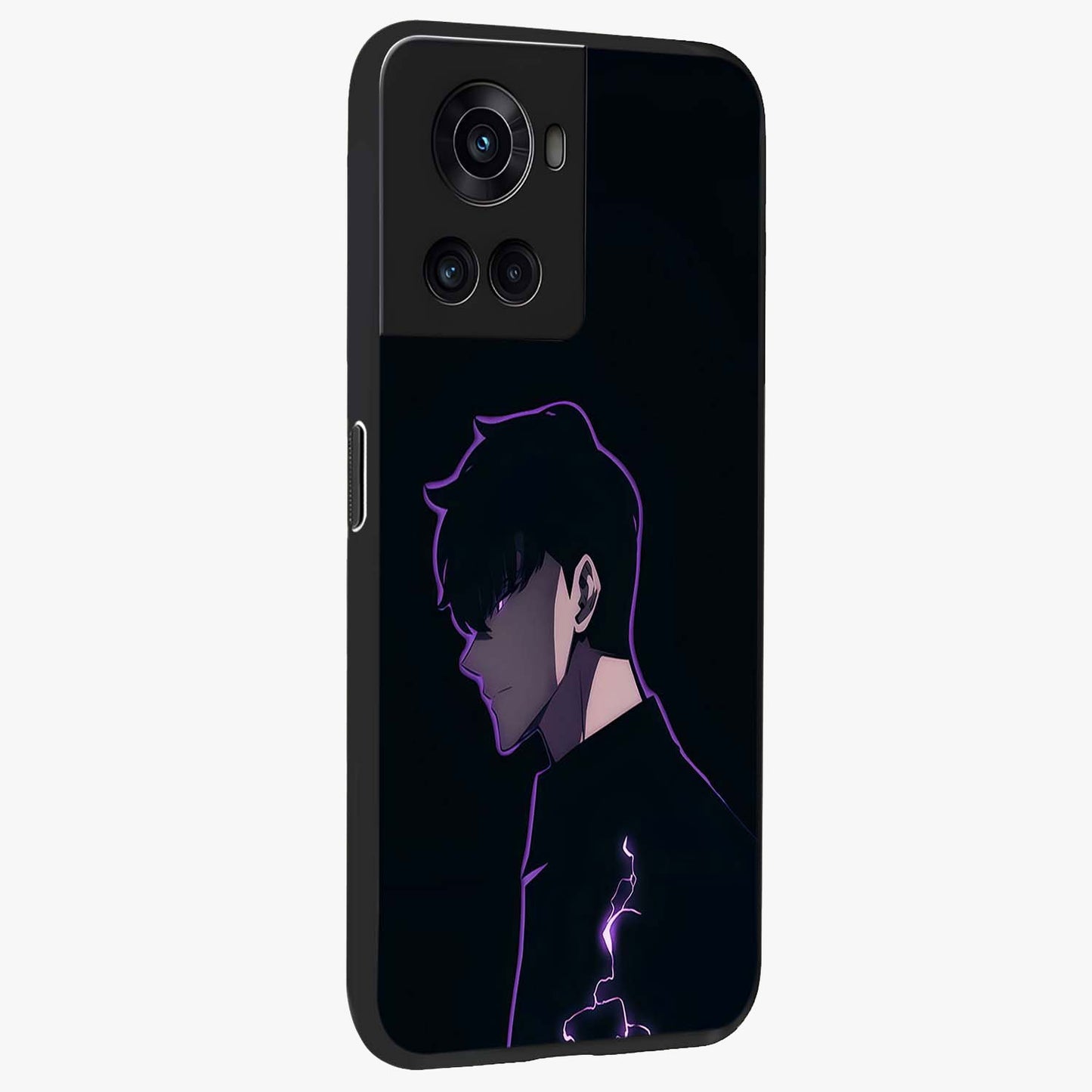 Void Lightning Phantom Glass Case for 1+10R side perspective highlighting sharp energy textures and premium edges