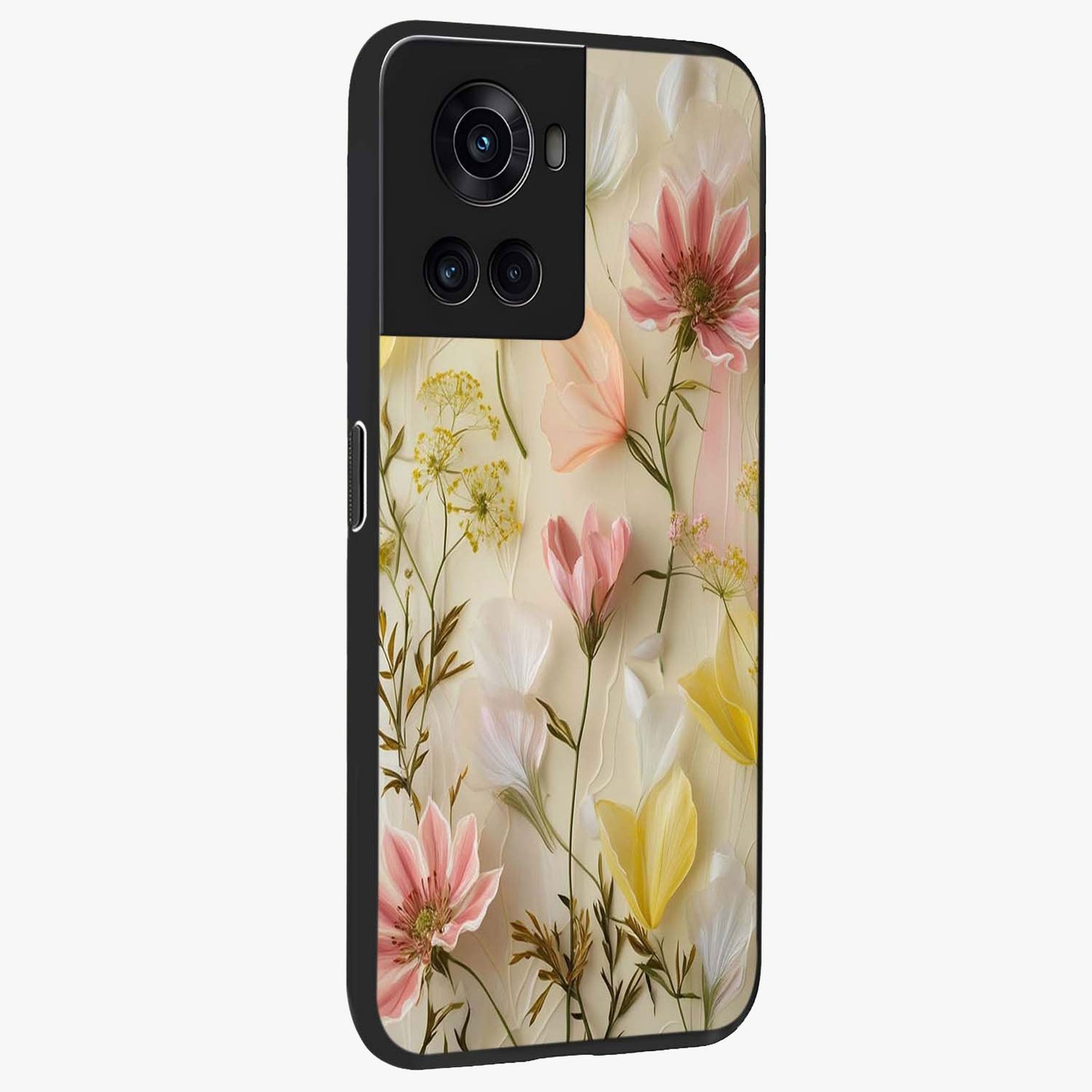 Whispering Petal Harmony Glass Case for 1+10R side perspective highlighting refined textures and premium edges