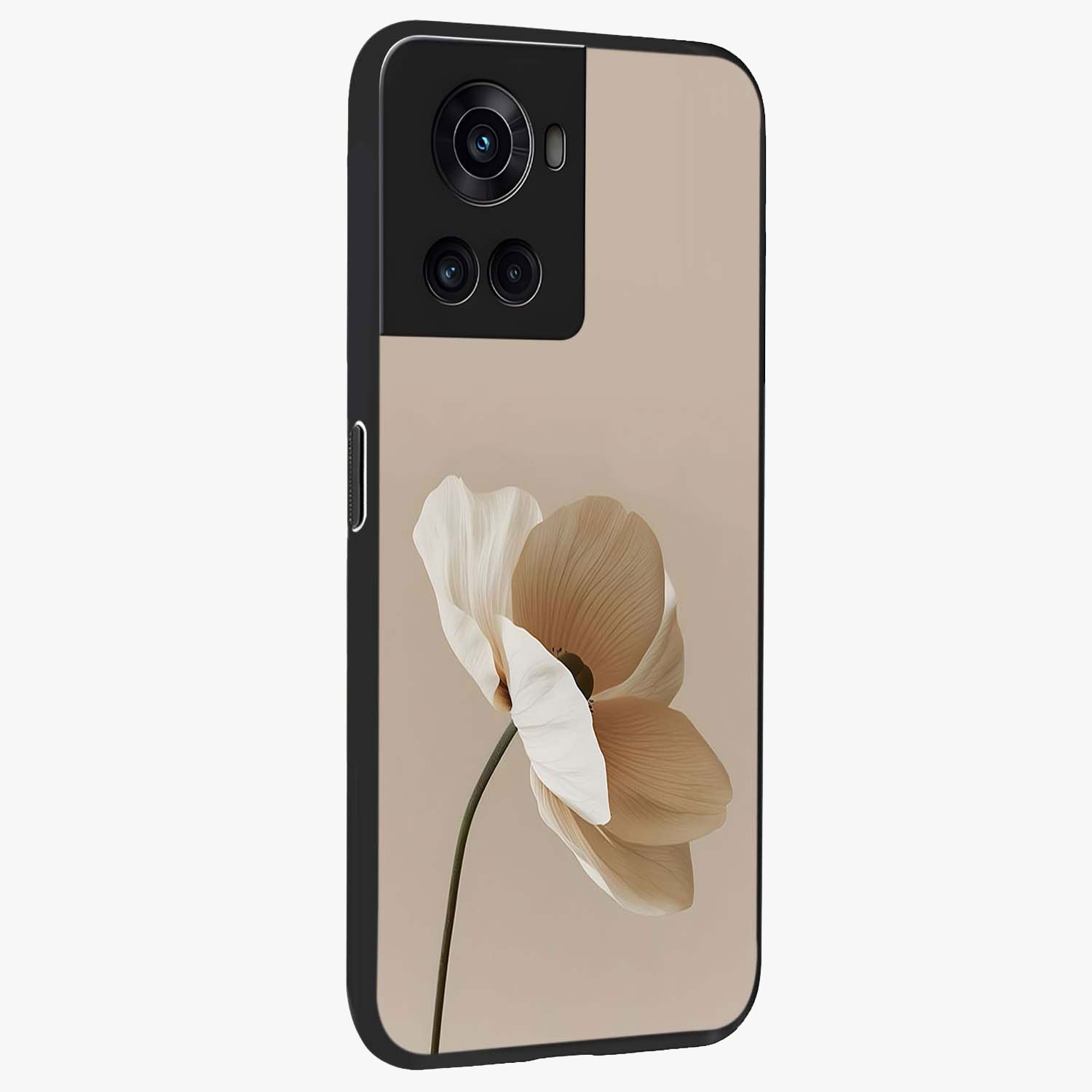 Whispering Petals Glass Case for 1+10R side perspective highlighting delicate petal textures and smooth build