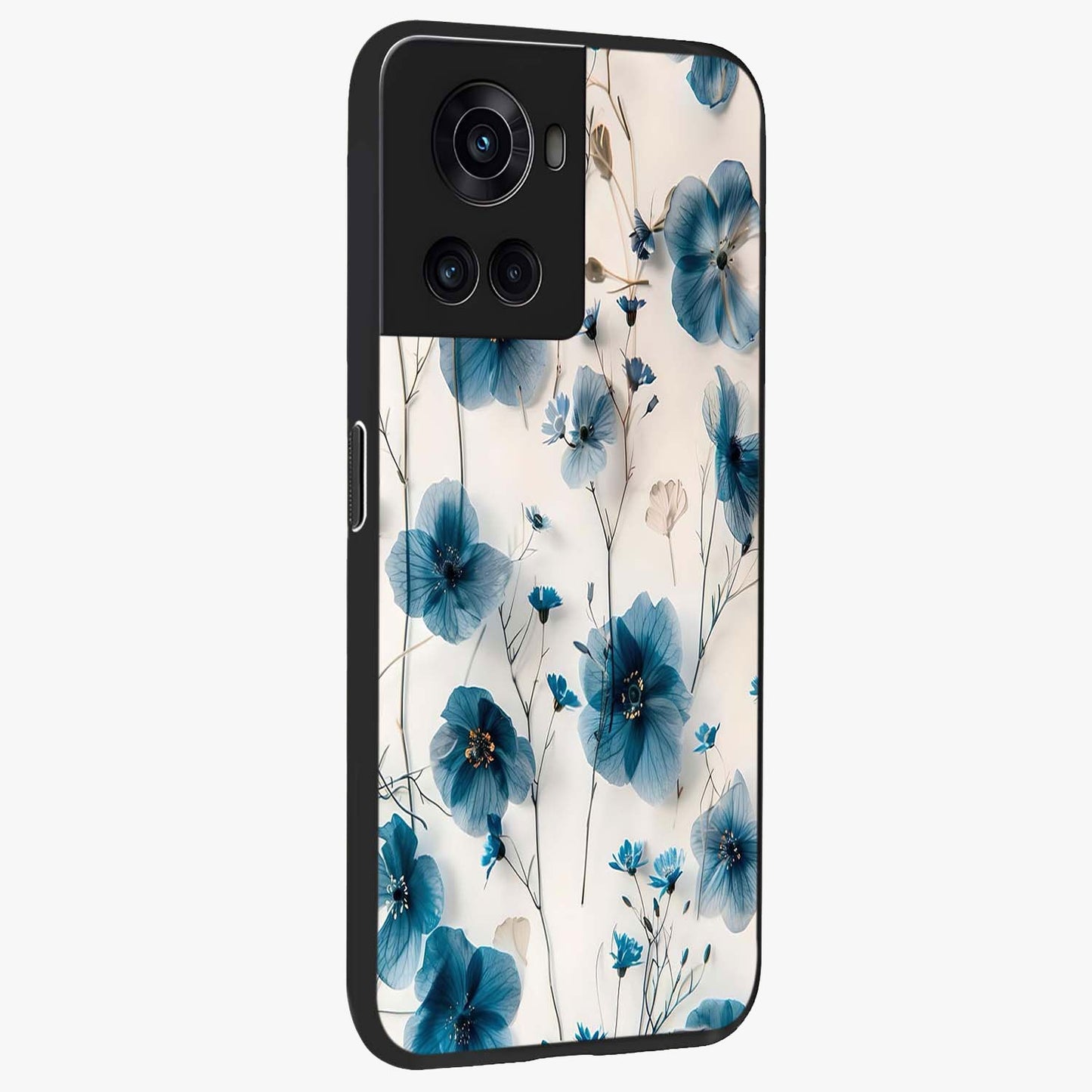 Whispers of Blue Bloom Glass Case for 1+10R side perspective highlighting intricate bloom textures and premium edges