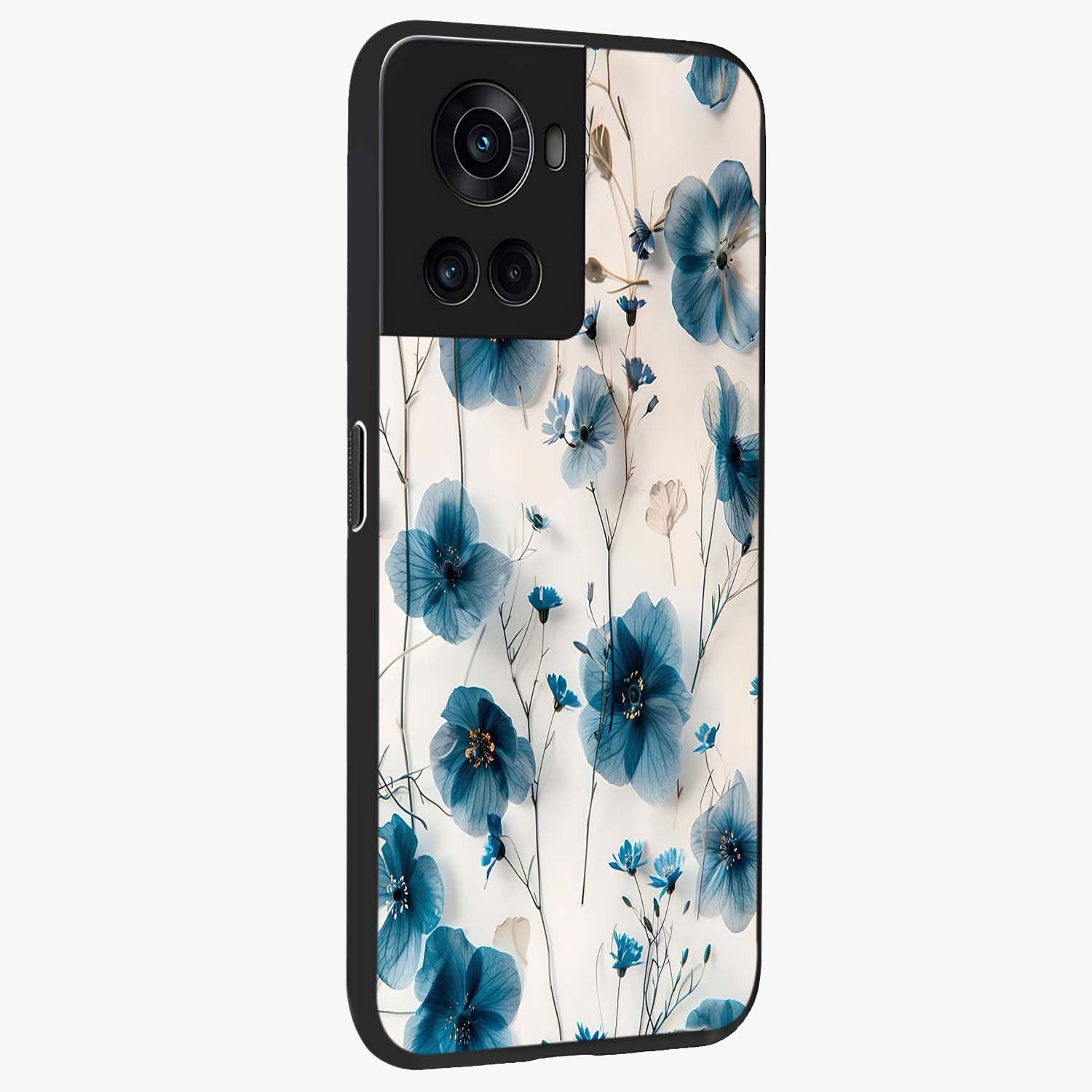 Whispers of Blue Bloom Glass Case for 1+10R side perspective highlighting intricate bloom textures and premium edges