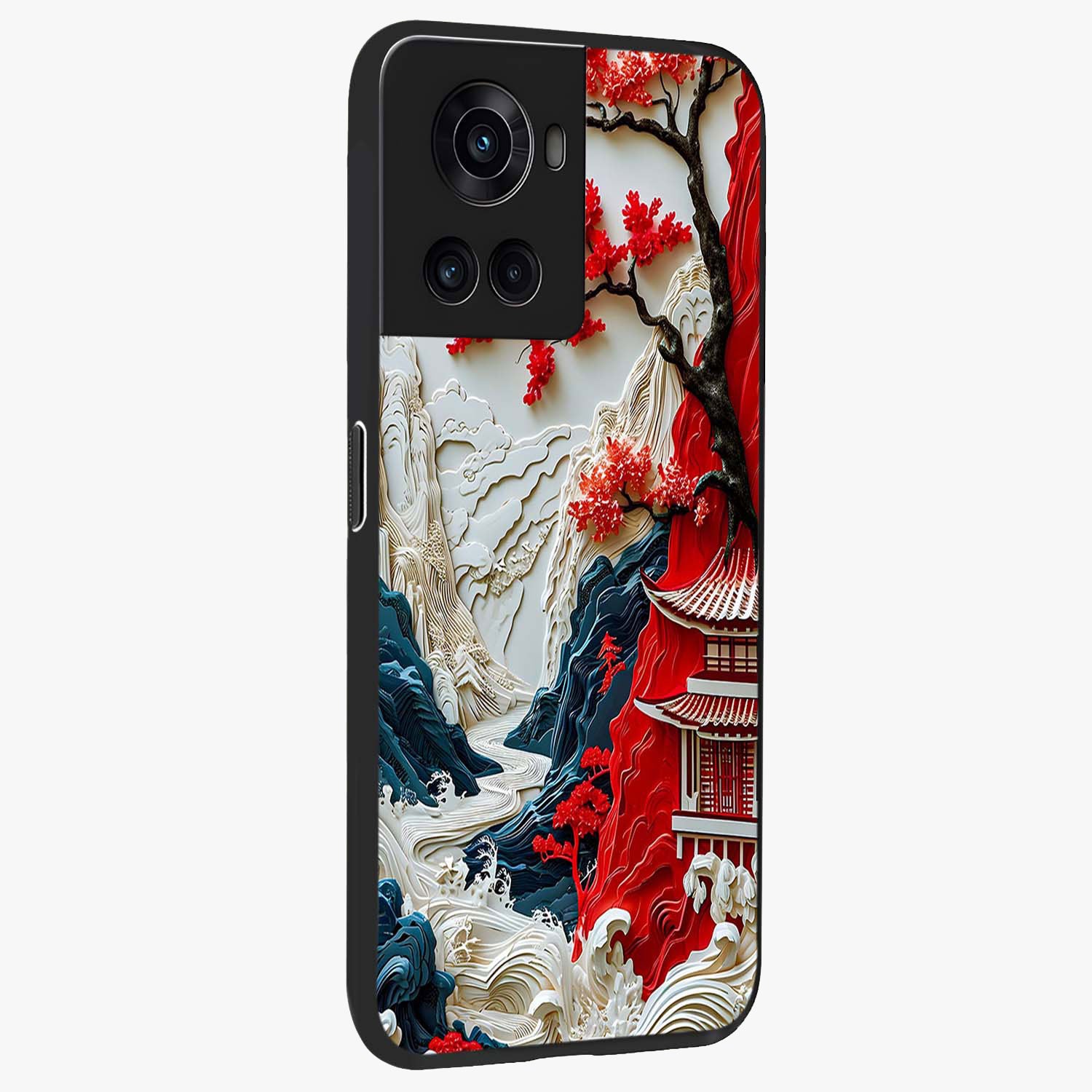 Whispers of Sakura Waves Glass Case for 1+10R side perspective highlighting delicate sakura textures and sleek premium build