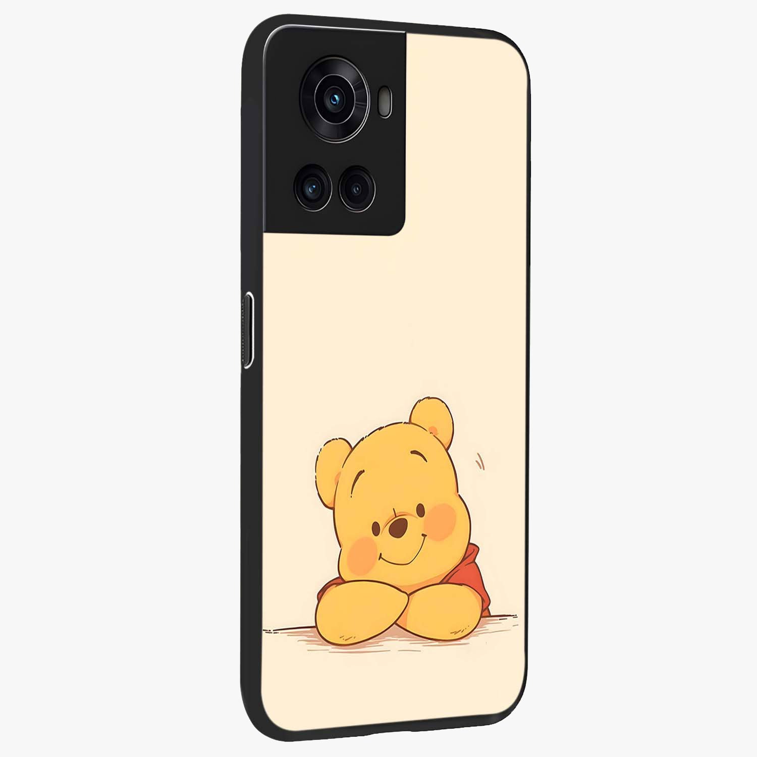 Winniethe Pooh Glass Case for 1+10R side perspective highlighting charming character textures and smooth build