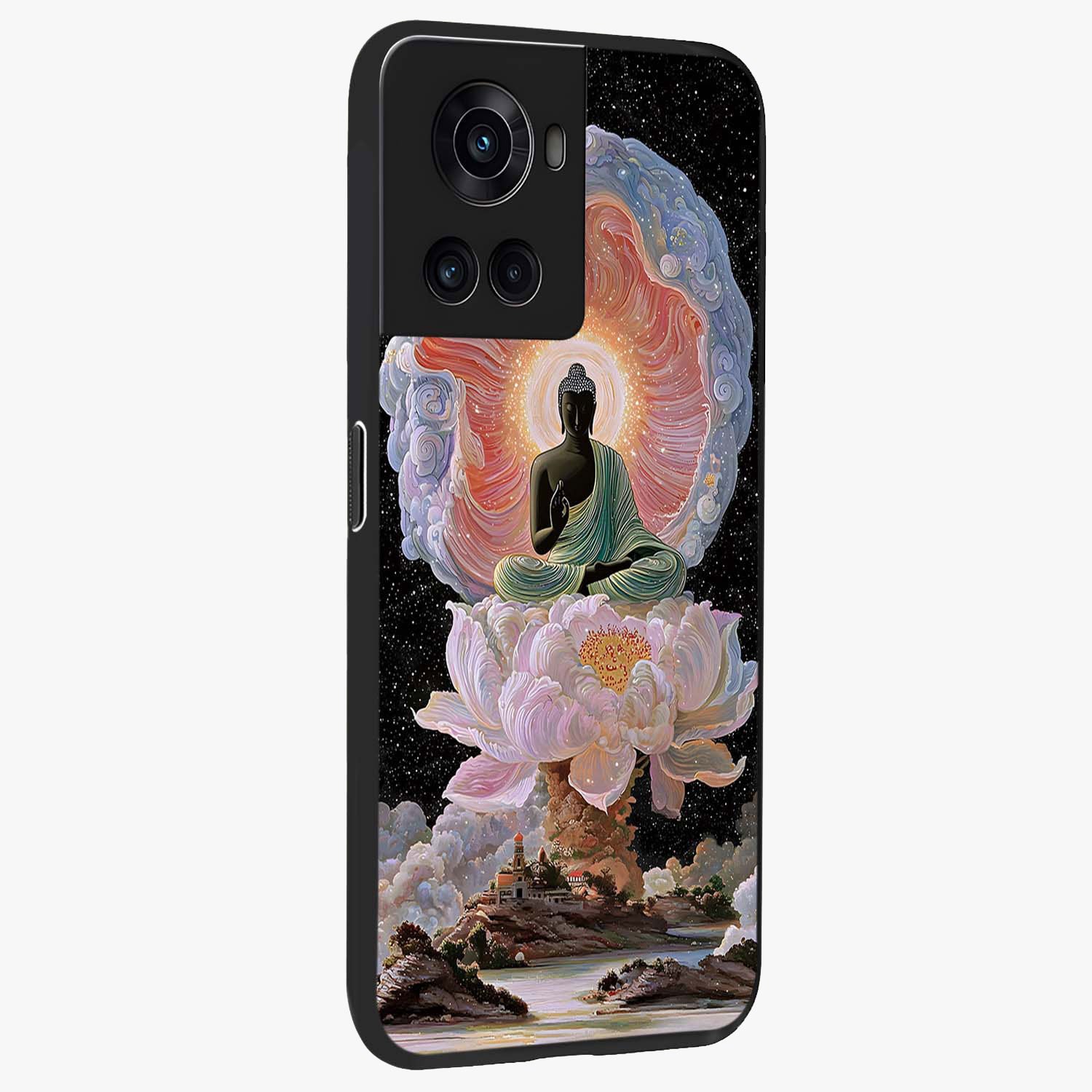 Zen Lotus Realm Glass Case for 1+10R side perspective highlighting refined textures and smooth premium build