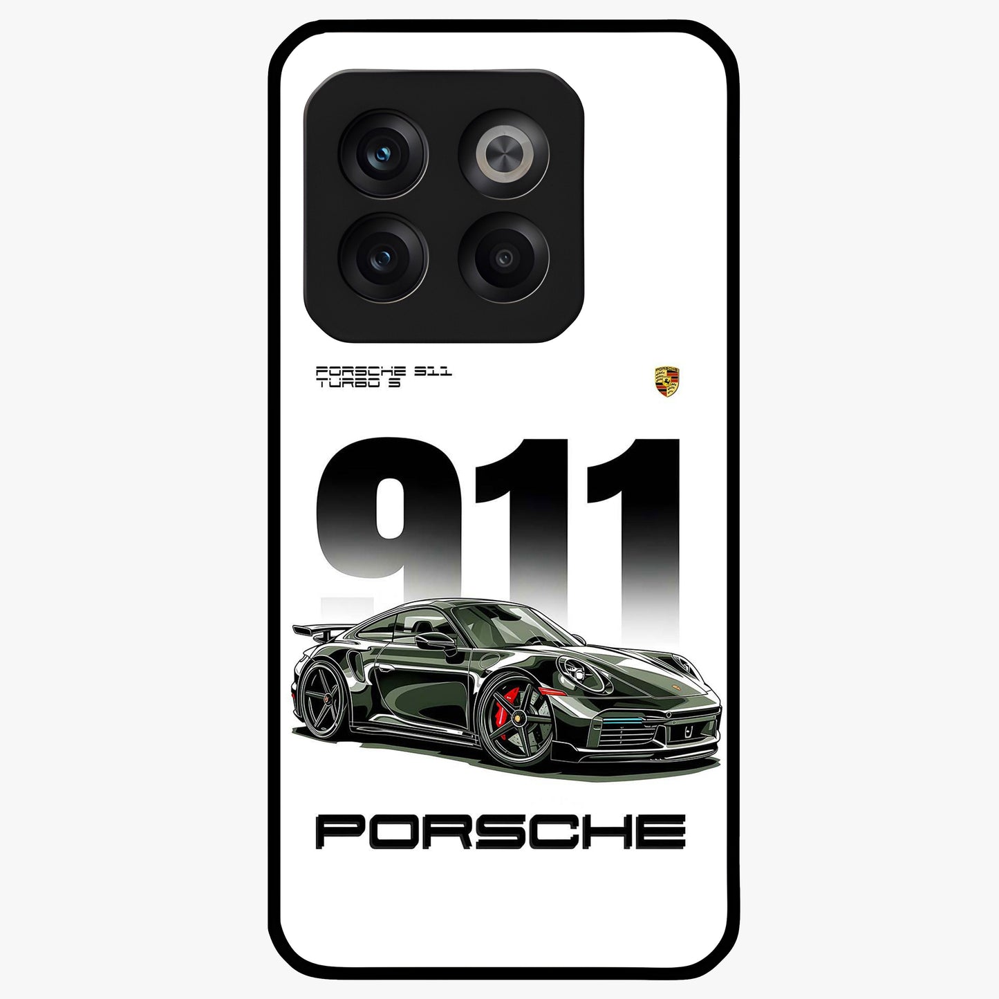 911 Turbo Dominance Glass Case for 1+10T bold front view featuring large 911 graphic and detailed green Porsche sports car artwork