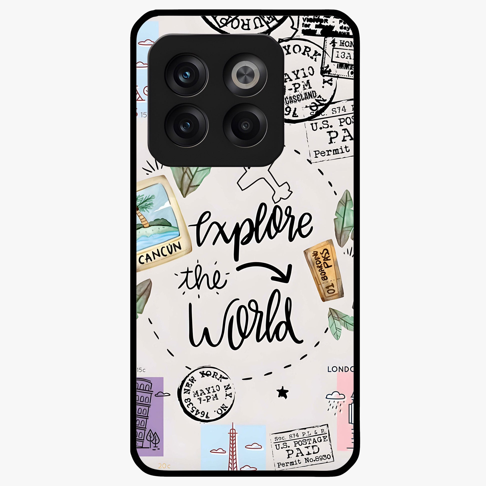 Adventure Awaits Art Glass Case for 1+10T front view featuring bold travel inspired typography artwork