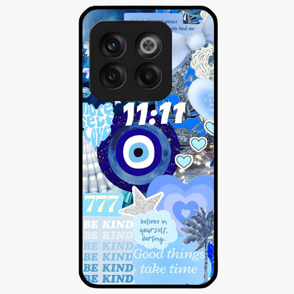 Aesthetic Be Kind Eye Glass Case for 1+10T front view featuring minimal eye illustration with positive message