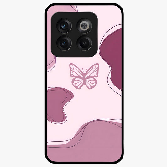 Aesthetic Pinkish Custom Name Butterfly Glass Case for 1+10T elegant front view featuring pink butterfly artwork with personalized name design