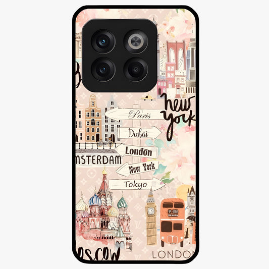 Aesthetic Travel Glass Case for 1+10T front view featuring wanderlust inspired travel artwork