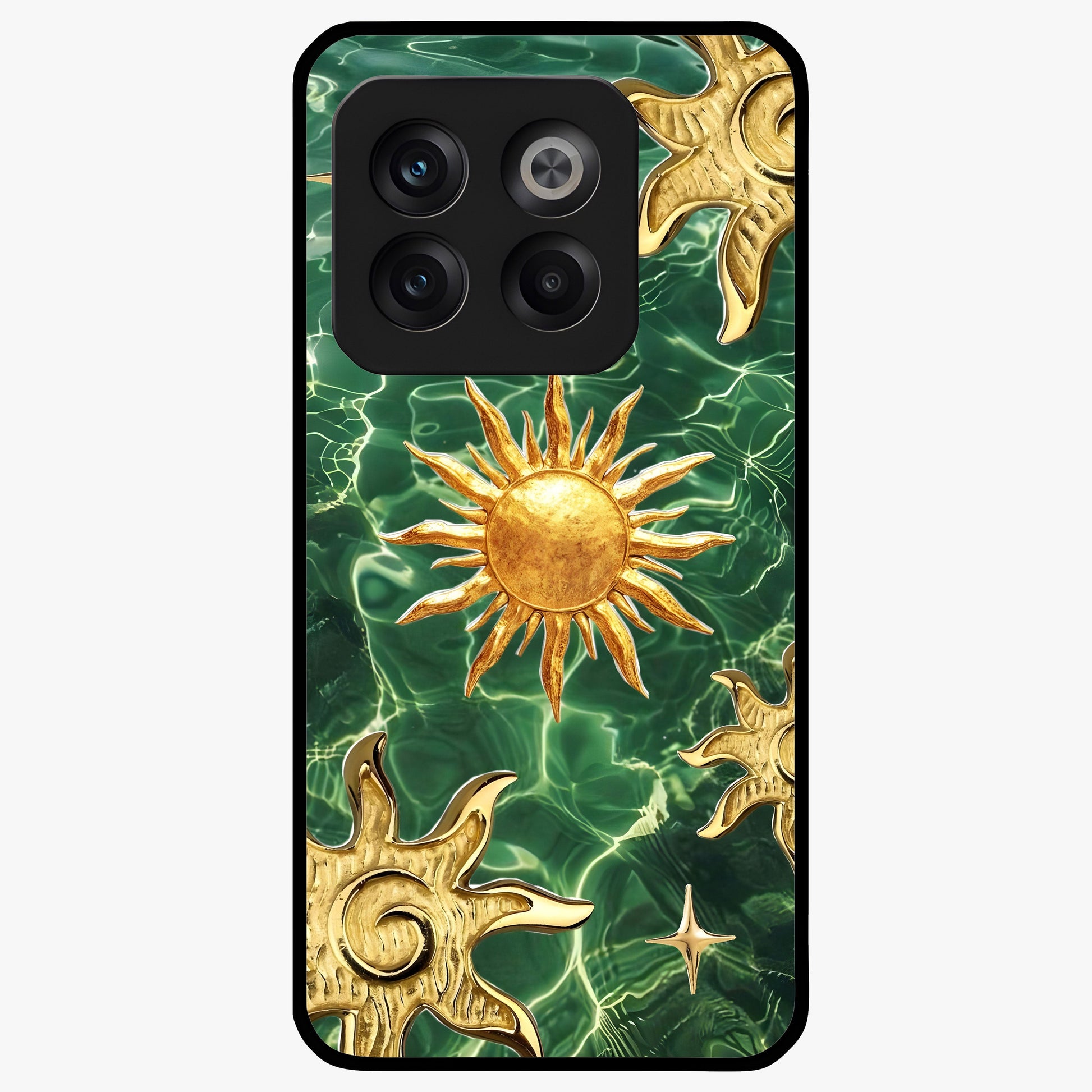 Aqua Sun Mirage Glass Case for 1+10T vibrant front view featuring aqua blue sun inspired artwork