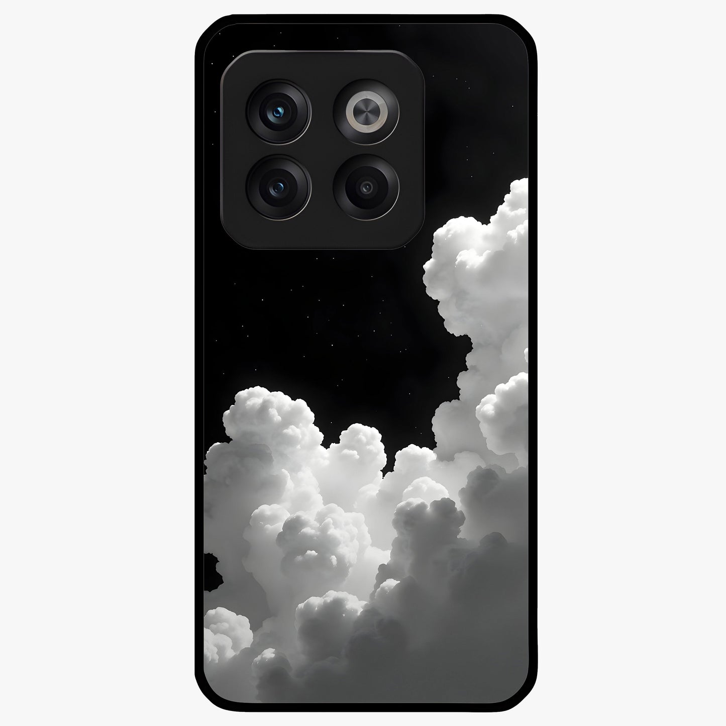 Black Background With White Cloud Glass Case for 1+10T striking front view featuring white cloud artwork on deep black backdrop