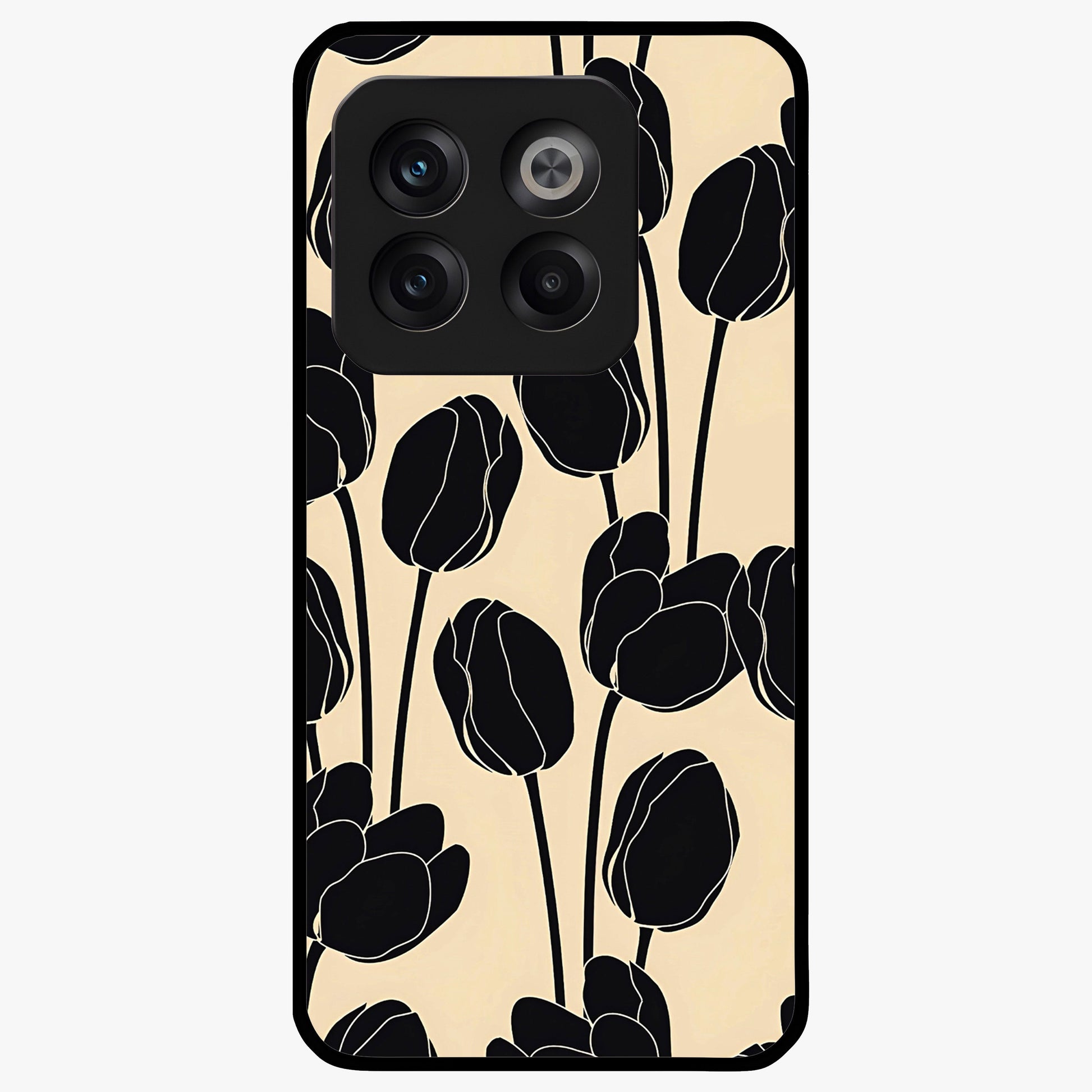 Black Designer Tulip Glass Case for 1+10T elegant front view featuring refined tulip artwork on black background