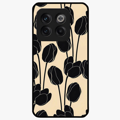 Black Designer Tulip Glass Case for 1+10T elegant front view featuring refined tulip artwork on black background