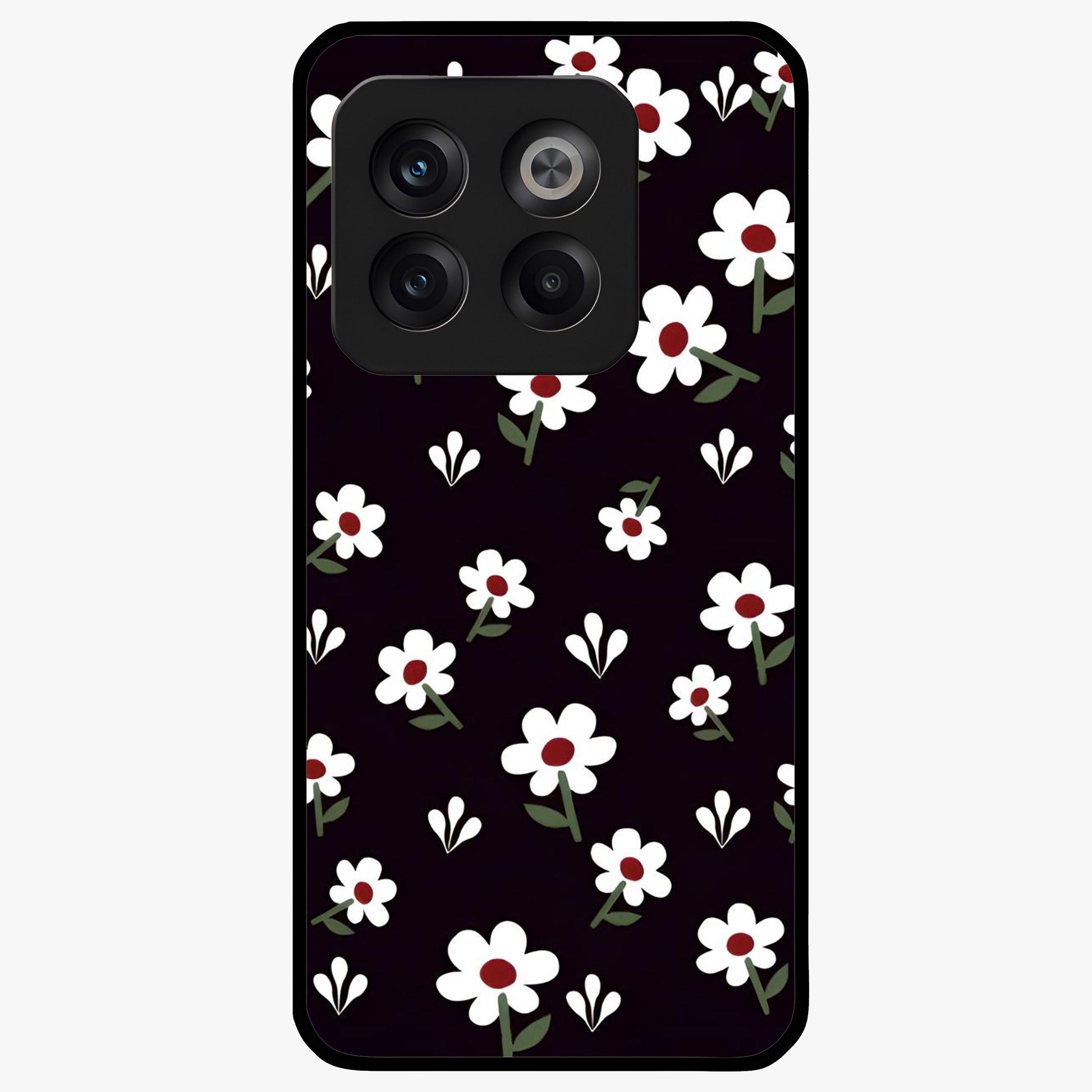 Black Prints Daisy Flower Pattern Glass Case for 1+10T front view featuring white daisy floral artwork on black base