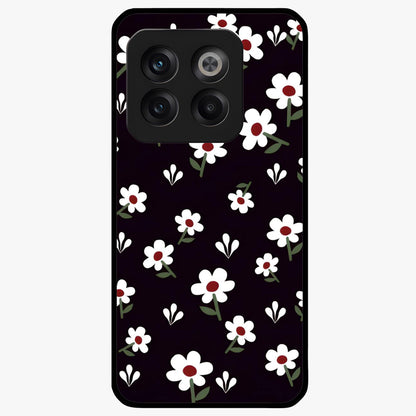 Black Prints Daisy Flower Pattern Glass Case for 1+10T front view featuring white daisy floral artwork on black base