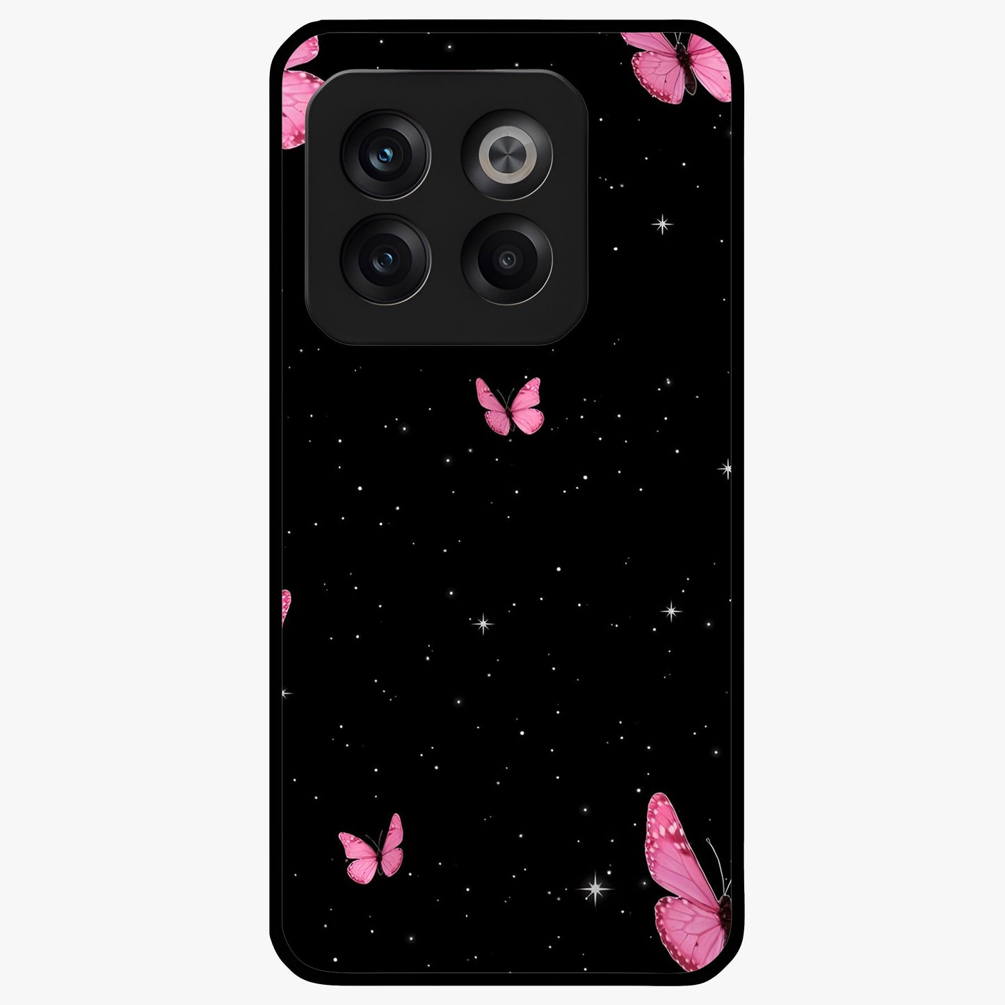 Blinking Butterfly Glass Case for 1+10T showing full back design in clean flat view with delicate butterfly artwork and glossy glass finish.
