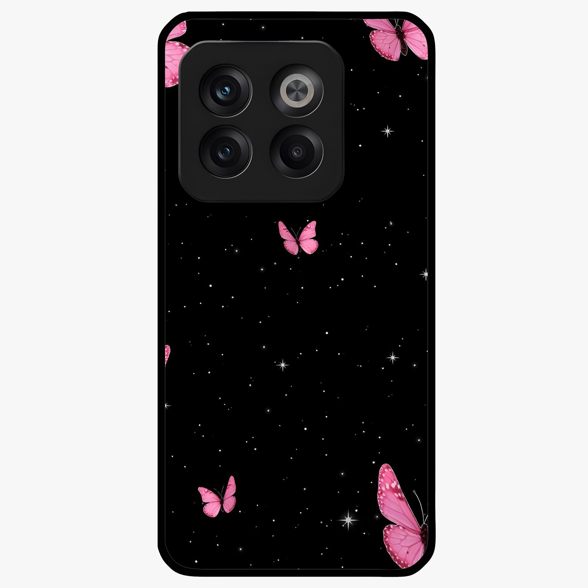 Blinking Butterfly Glass Case for 1+10T showing full back design in clean flat view with delicate butterfly artwork and glossy glass finish.