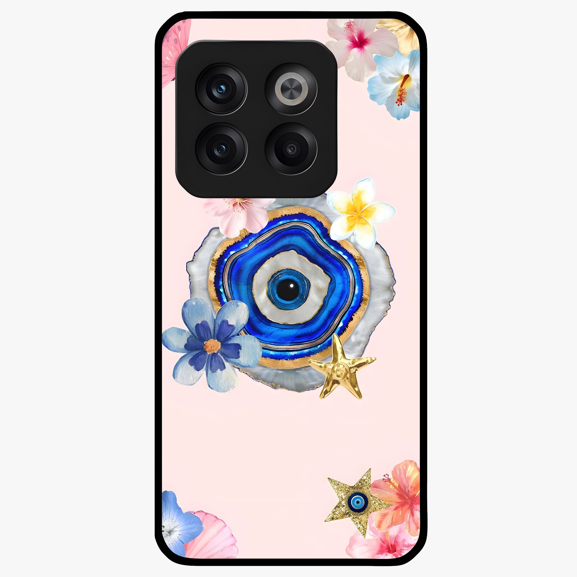 Blossom Evil Charm Glass Case for 1+10T elegant front view featuring floral evil eye inspired artwork