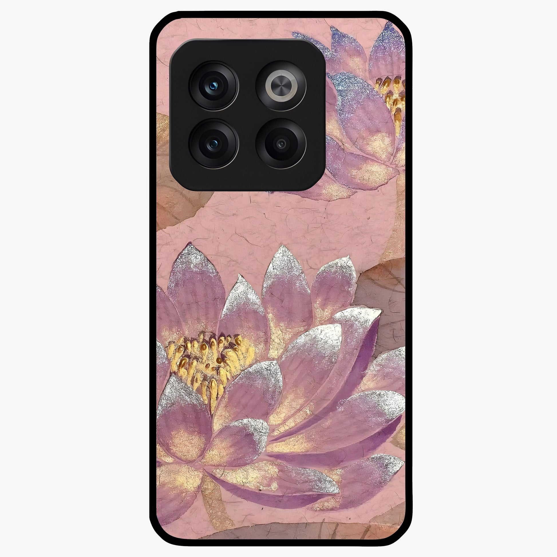 Blossom Mist Lotus Glass Case for 1+10T calm front view featuring lotus flower artwork with misty tones