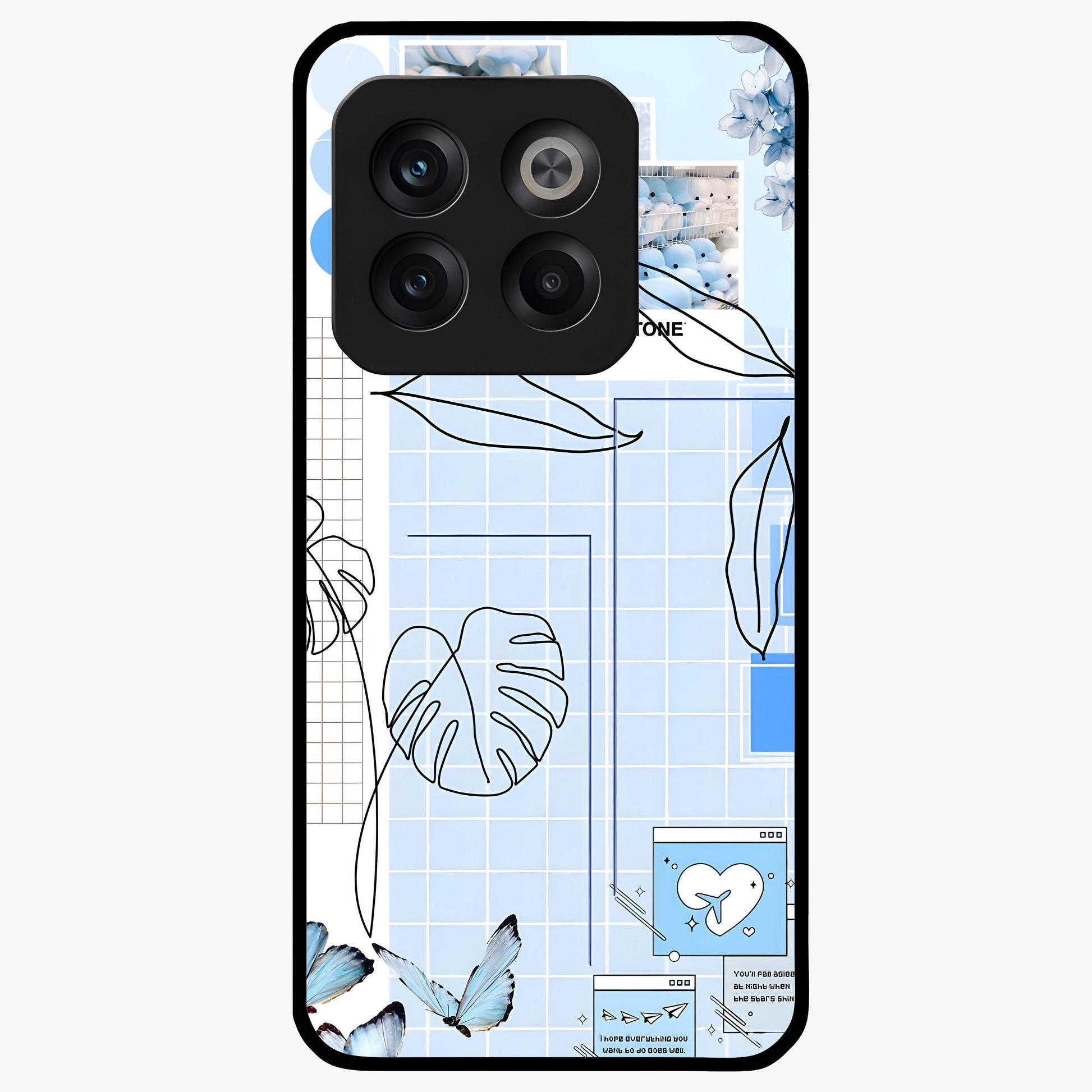 Blue Aesthetic Flower Glass Case for 1+10T elegant front view featuring soft blue floral artwork