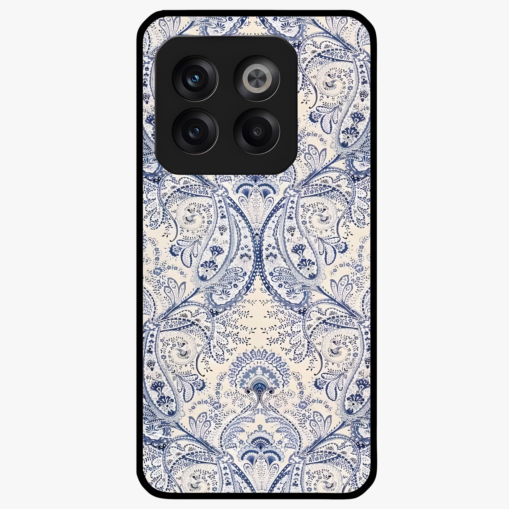 Blue Paisley Bloom Glass Case for 1+10T intricate front view featuring paisley floral artwork in rich blue tones
